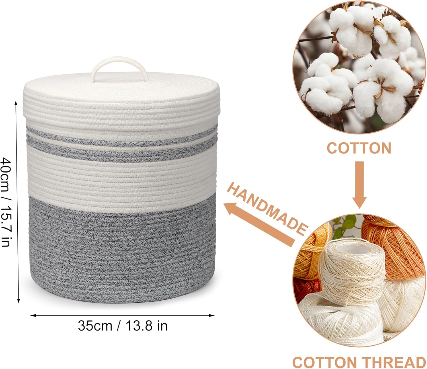 Foldable Laundry Basket Small with Lid, Laundry Hamper - Laundry Baskets, Baskets Braided Cotton Basket - Storage Basket Small Laundry Basket Children'S Room (Grey, 35 X 42 Cm) image number 2