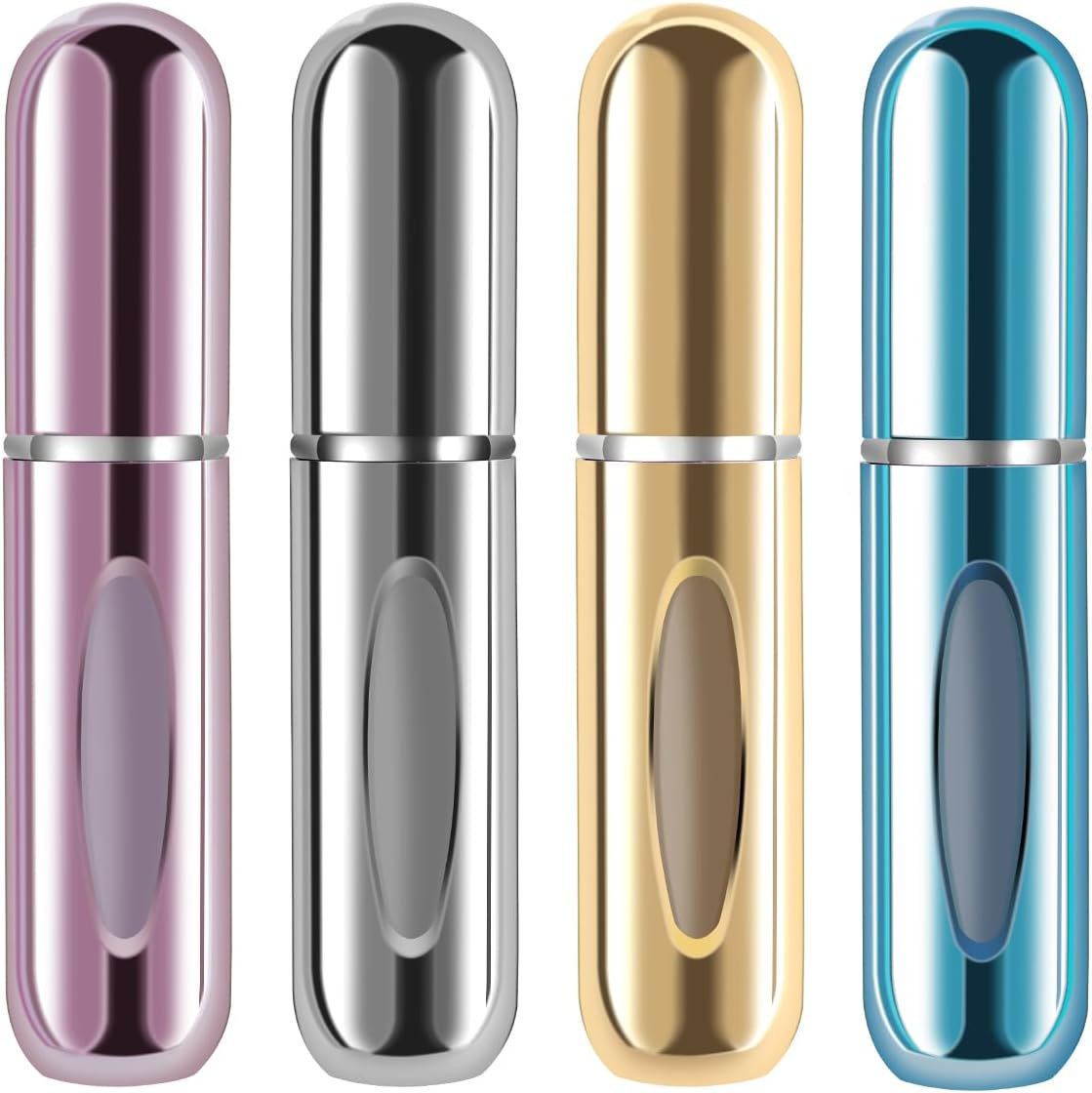 Yamadura Mini Refillable Perfume Portable Atomizer Bottle Refillable Perfume Spray, 5Ml, 4 Pack, Aluminum & Glass, Blue, Gold, Black, Easy Refill, Travel-Friendly