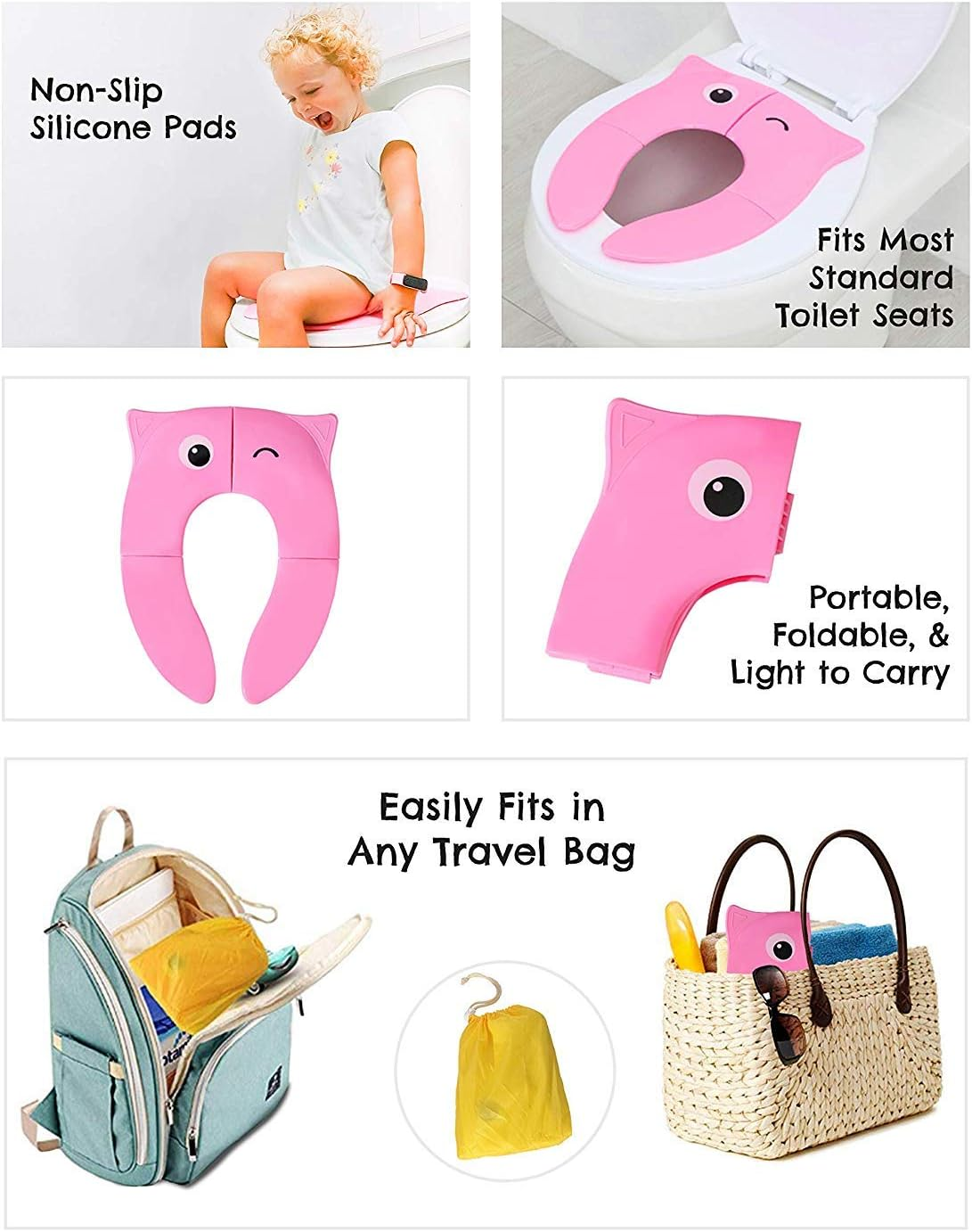 Designed Toilet Potty Training Seat Cover, Travel Toilet Seat, Folding Non-Slip Silicone Pads, Trip Portable Reusable Kids Toddlers Boys Girls, Carrying Bag (Pink) - Green - Frog image number 6