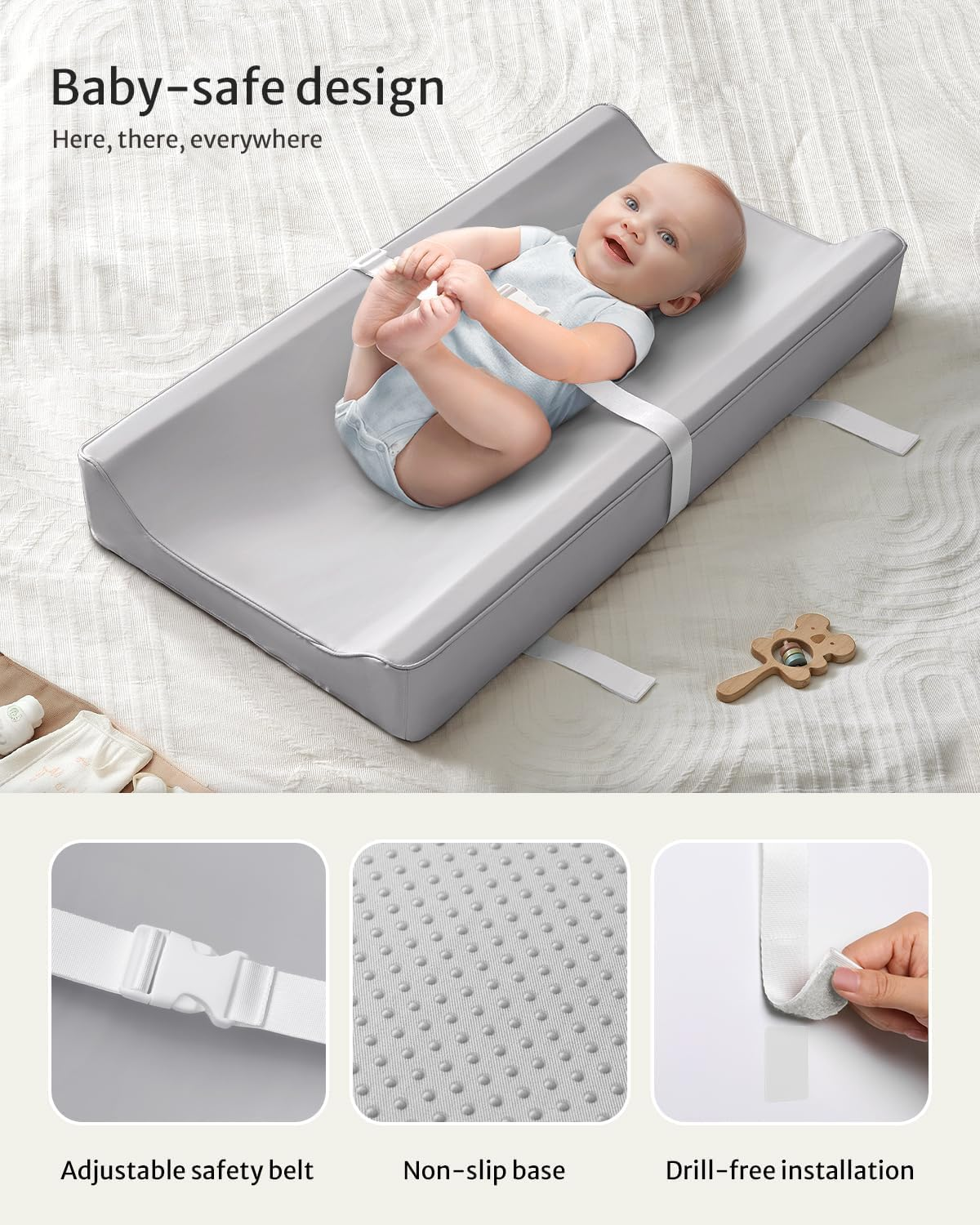 Yunking Vegan Leather Baby Changing Pad with Waterproof & Wipe-Clean PU Cover, Standard Size Cozy Baby Changing Table Pads for Dressers/Tables, Taupe image number 4