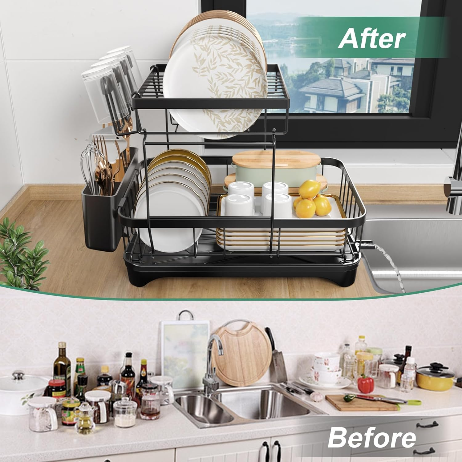 Koreal Dish Drying Rack, 2 Tier Dish Racks for Kitchen Counter, Large Stainless Steel Kitchen Dish Drying Rack with Drainboard, Detachable Dish Drainers with Utensil Holders image number 4