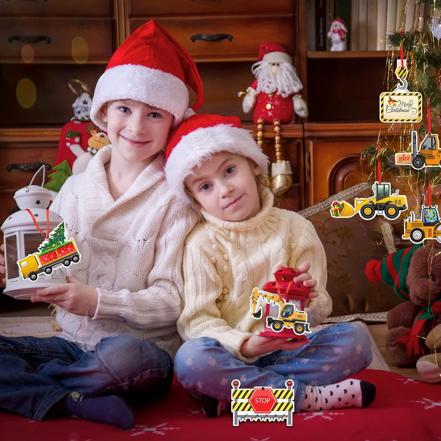 12 Pcs Christmas Construction Truck Vintage Excavator Christmas Ornament Excavator Decorations Wooden Xmas Ornaments Decorative Hanging Ornaments for Tree image number 5