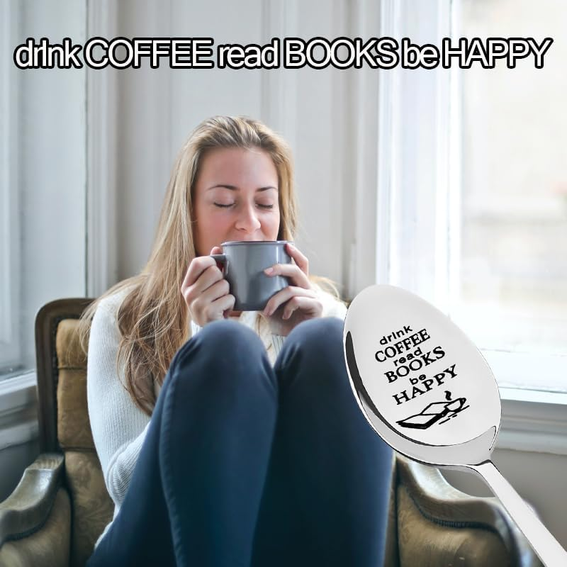 Coffee Reading Gifts for Women Men Coffee Lover Gifts Spoon Birthday Gifts for Reader Bookworm Book Lovers Gifts for Student Teacher Drink Coffee Read Books Be Happy Spoons image number 3