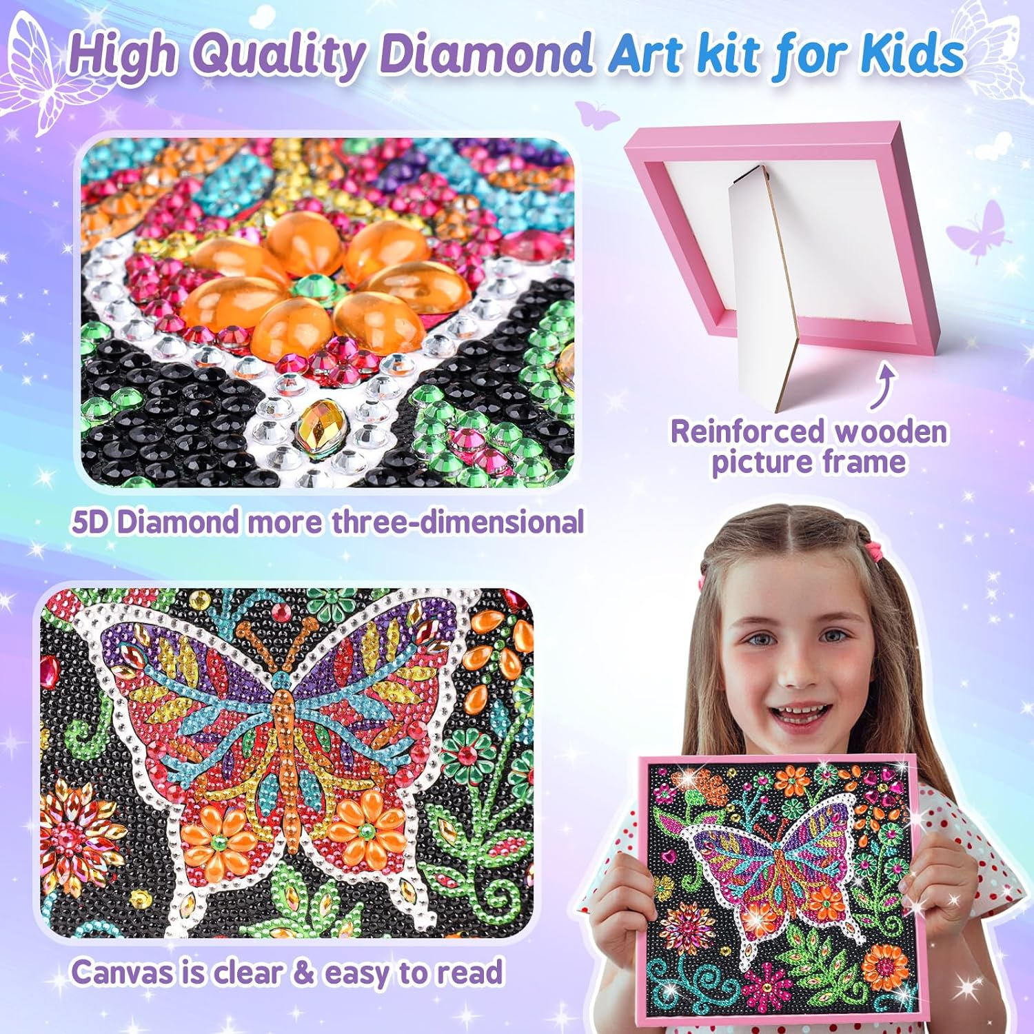 Diamond Art Kits for Kids - Crafts for Girls 8-12 - Diamond Art Painting with Wooden Frame - Arts and Crafts for Kids Ages 4-6 8-10 - GEM Art Supplies Dots for Adult Beginners Home Wall Decor Gifts (Butterfly) image number 5