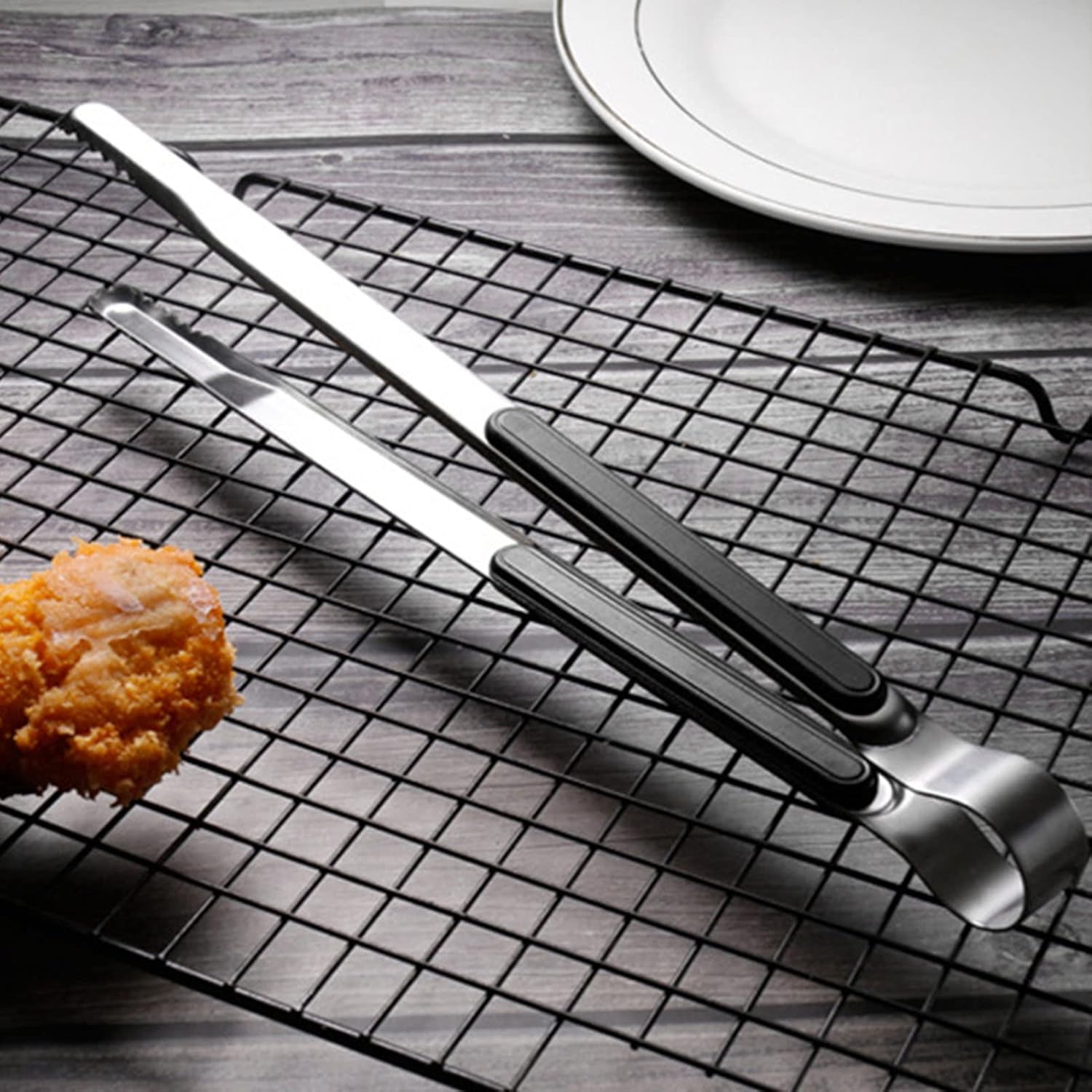 Cooking Tong, 10.0In Stainless Steel Tong with Secure Grip, Ideal for BBQ Food, Easy to Teeth Mouth Steak Clamp/Holder (All Black)