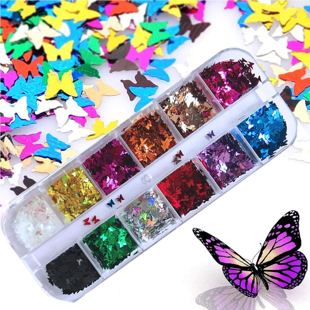 24 Color/Set 3D Butterfly Nail Glitter Sequins, Kalolary Splarkly Laser Butterfly Nail Sequin Acrylic Paillettes Holographic Nail Sparkle Glitter Sheets Tips Nail Art Decoration image number 6