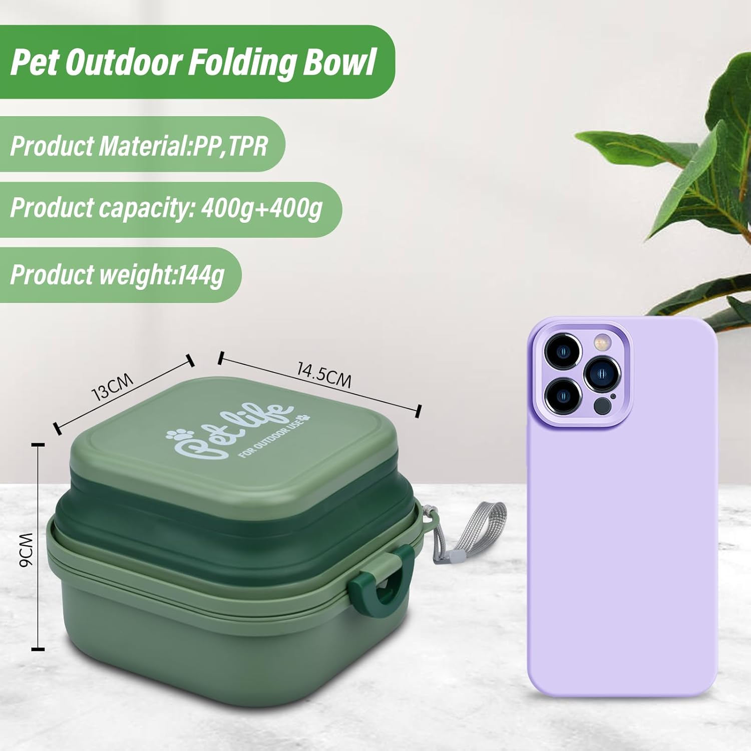 Portable Foldable Dog Bowl, 400 + 400 Ml, 2-In-1 Food Bowl, Travel Bowl, Dogs with Lid and Carabiner for Dogs and Cats, for Travel or at Home, Green image number 6