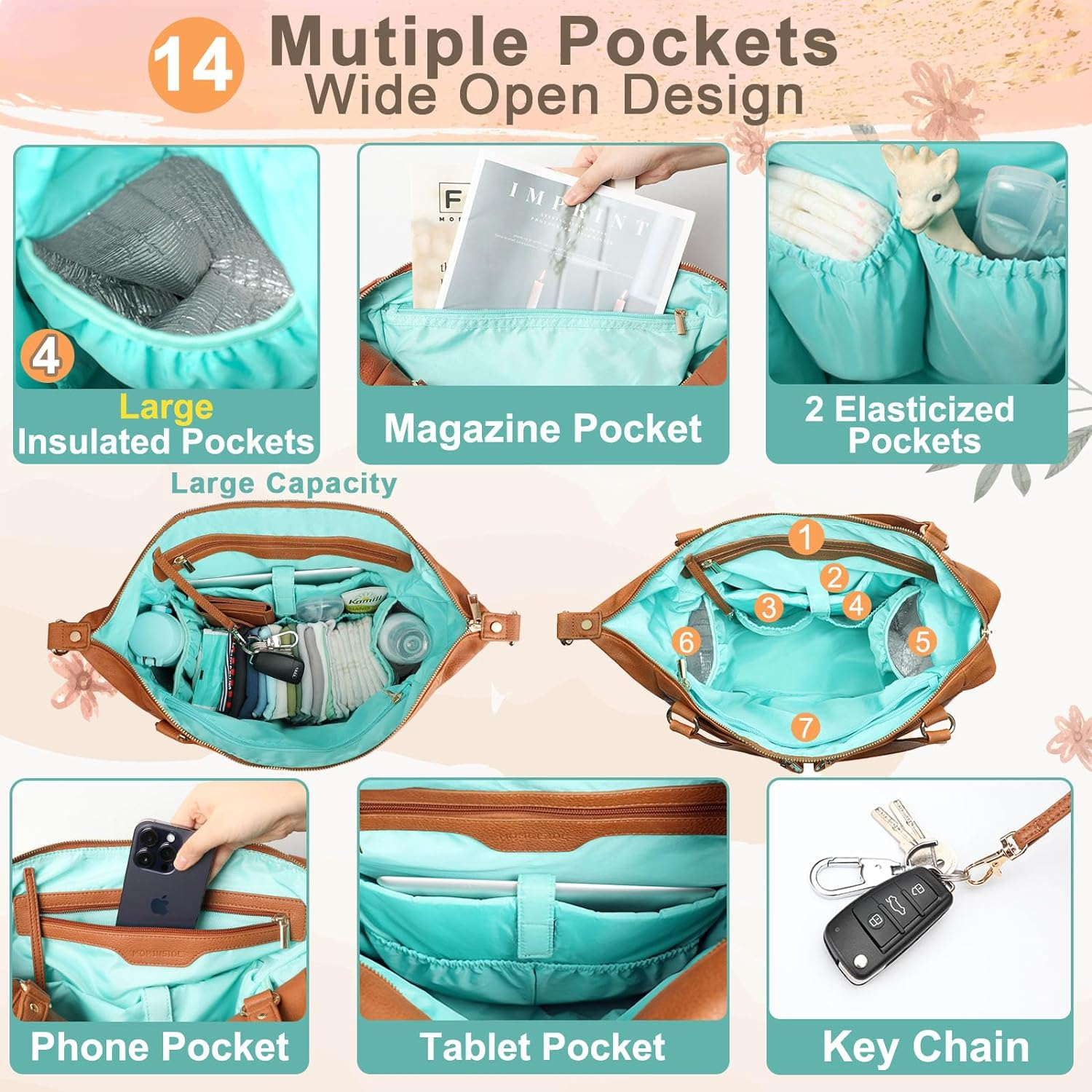 MOMINSIDE Diaper Bag Tote Leather Diaper Bag Backpack with 14 Pockets, Baby Registry Search, Large Baby Bag, Changing Pad