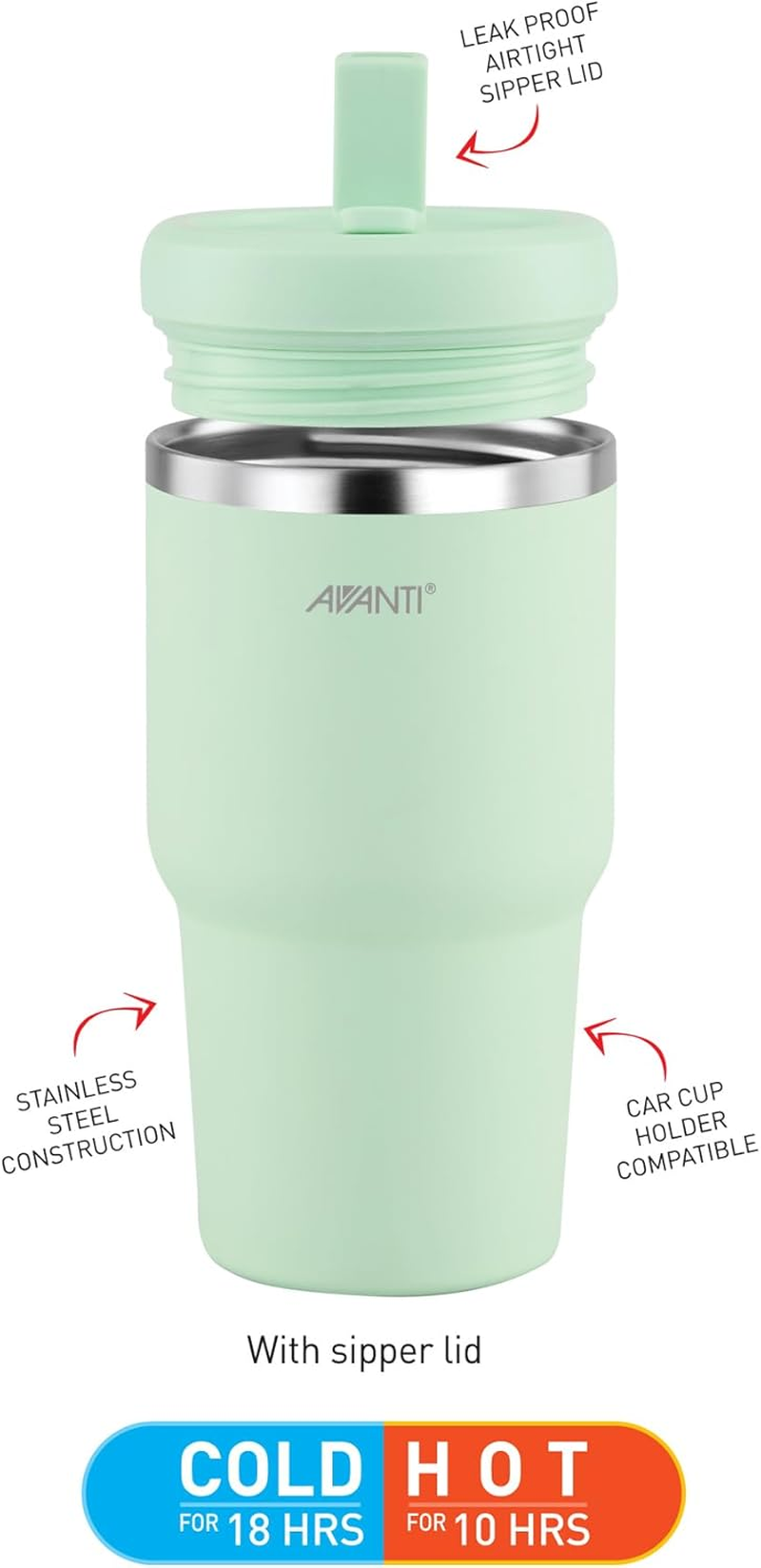 Avanti Hydroquench Stainless Steel Insulated Smoothie Tumbler with 2 Lids 550Ml, Soft Mint - Agave image number 4
