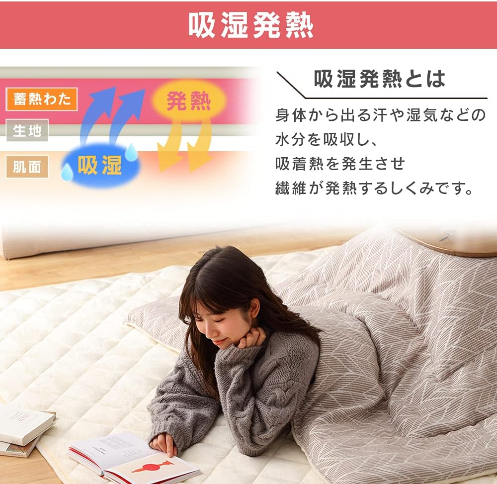 Iris Ohyama KSBA-1919 Kotatsu Shiki Futon, Square, Made with Heat Storage, Velour Material, Stylish, Ivory image number 3