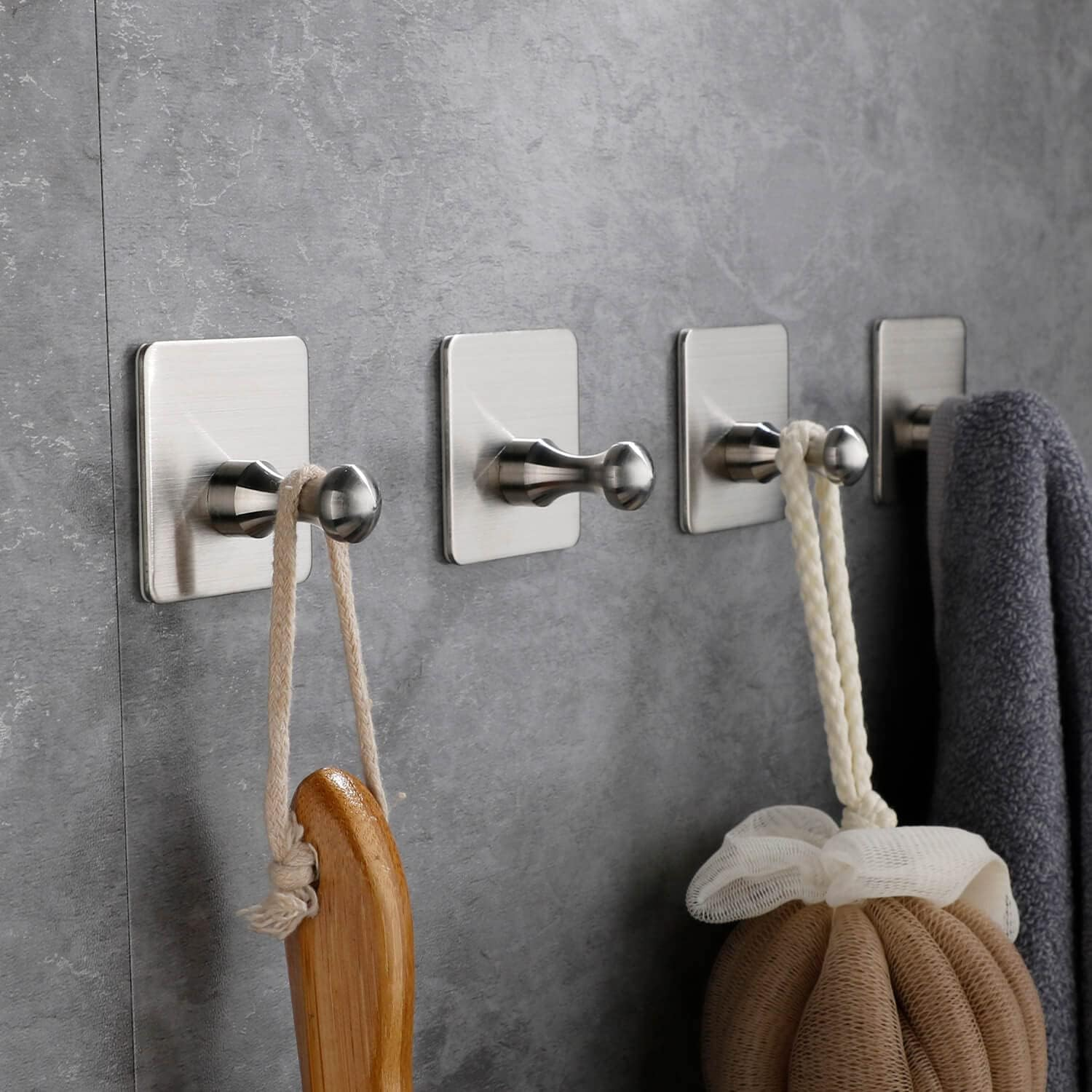Adhesive Towel Hooks Heavy Duty Wall Hooks Stainless Steel Door Hooks for Hanging Coat, Clothes, Hat, Towel Robe Hook Rack Wall Mount Bathroom and Bedroom, Set of 4 (Silver)