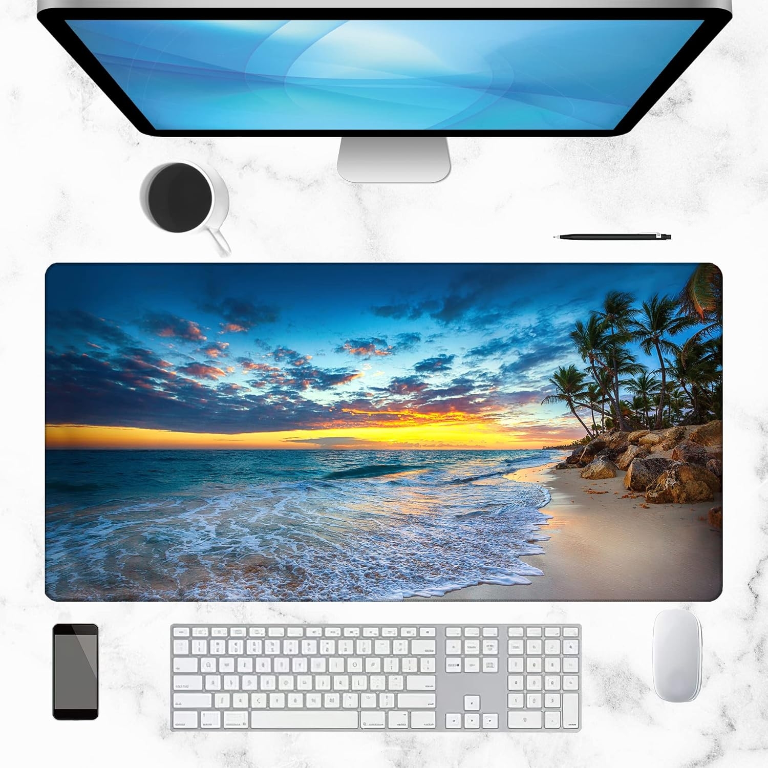 Hawaii Summer Beach Gaming Desk Mat Large,Palm Tree Sunset Extended Mousepad,Non-Slip Rubber Mouse Pad Stitched Edges,Desktop Decorative Accessories for Home Office 31.5" X 15.7" image number 3