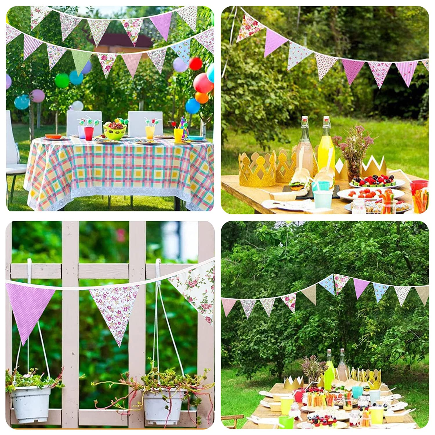 ZCOINS 40Ft/12M Fabric Bunting Banners, 42PCS Floral Vintage Triangle Flags Reusable Cotton Cloth Pennants for Garden Wedding Birthday Party Outdoor Hanging Decoration image number 6