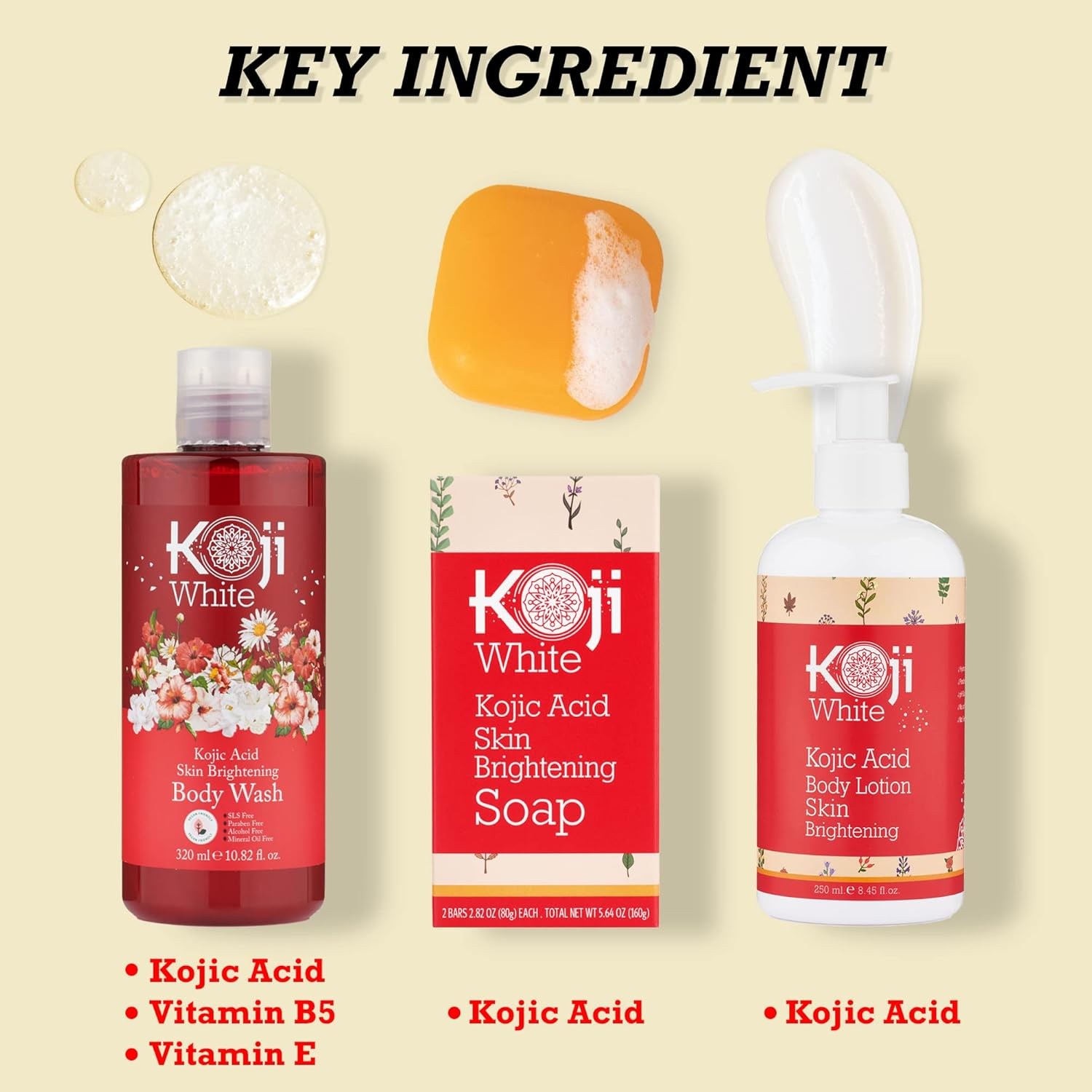 Gift Set for Women, Koji White Red Bath Sets - Kojic Acid Body Wash, Soap Bar and Body Lotion, Brightening, Uneven Skin Tone, Vegan, SLS & Paraben Free (3 Pcs) image number 6