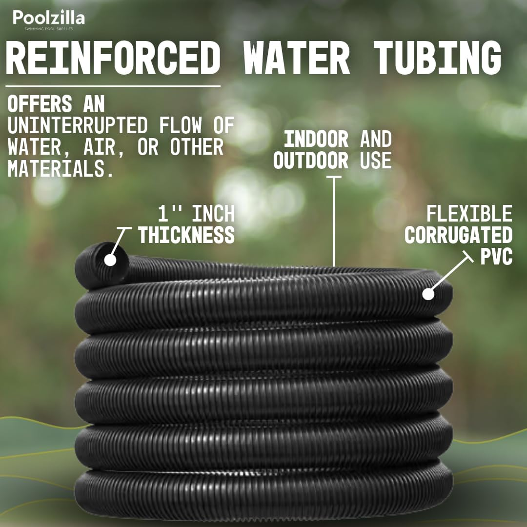 Poolzilla 20&rsquo; FT Corrugated Pond Hose - 1&rsquo;&rsquo; Inch ID, Flexible Reinforced Water Tubing for Aquariums, Pool Maintenance, Ponds, Fountains, Gardens, and Other Aquatic Features