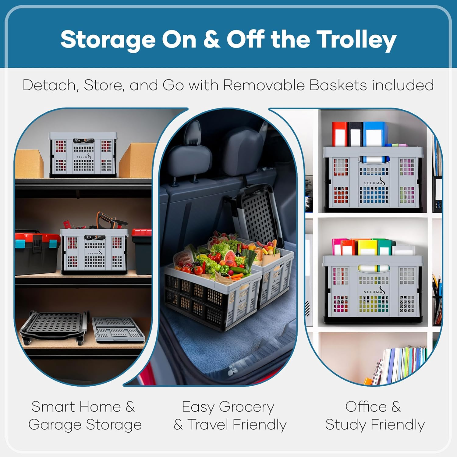 SELUMA Folding Trolley - Grocery Cart, Shopping Trolley with Wheels, Heavy Duty - Outdoor/Office Collapsible Push Trolly. image number 6