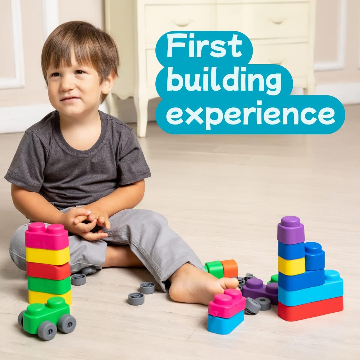 Soft Building Blocks (15 Pcs + 12 Wheels) Montessori Toys for Toddlers Age 3 Years | European Made | Colourful Early Learning Play Bath Cars Sensory Stacking Blocks image number 4