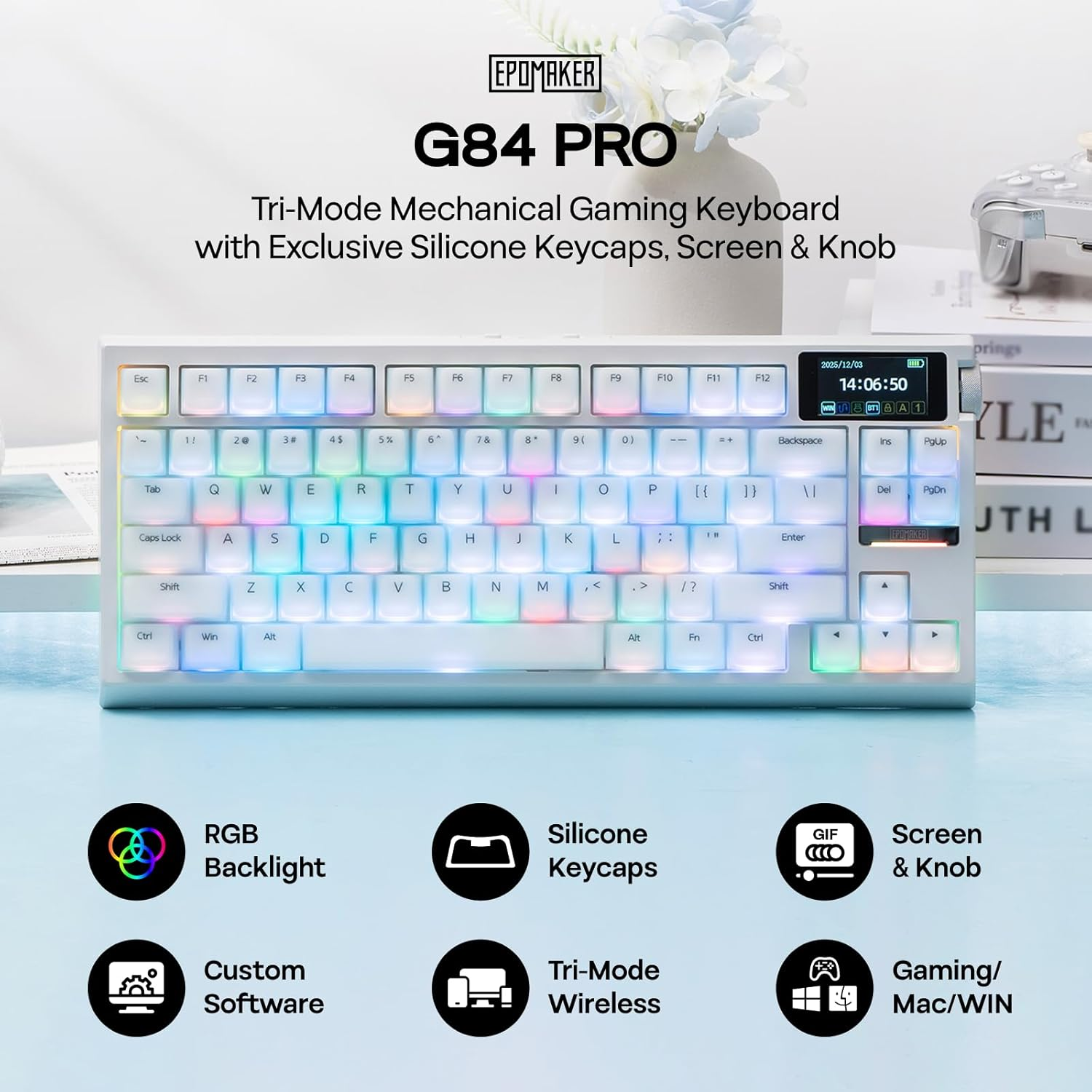 EPOMAKER G84 PRO Wireless Gaming Keyboard with Screen&Knob, 75% Creamy Mechanical Keyboard, 8000Mah, Hot Swappable, Silicone Keycaps, BT5.0/2.4G/USB-C Mode, NKRO, RGB (White, Creamy Jade Switch) image number 4