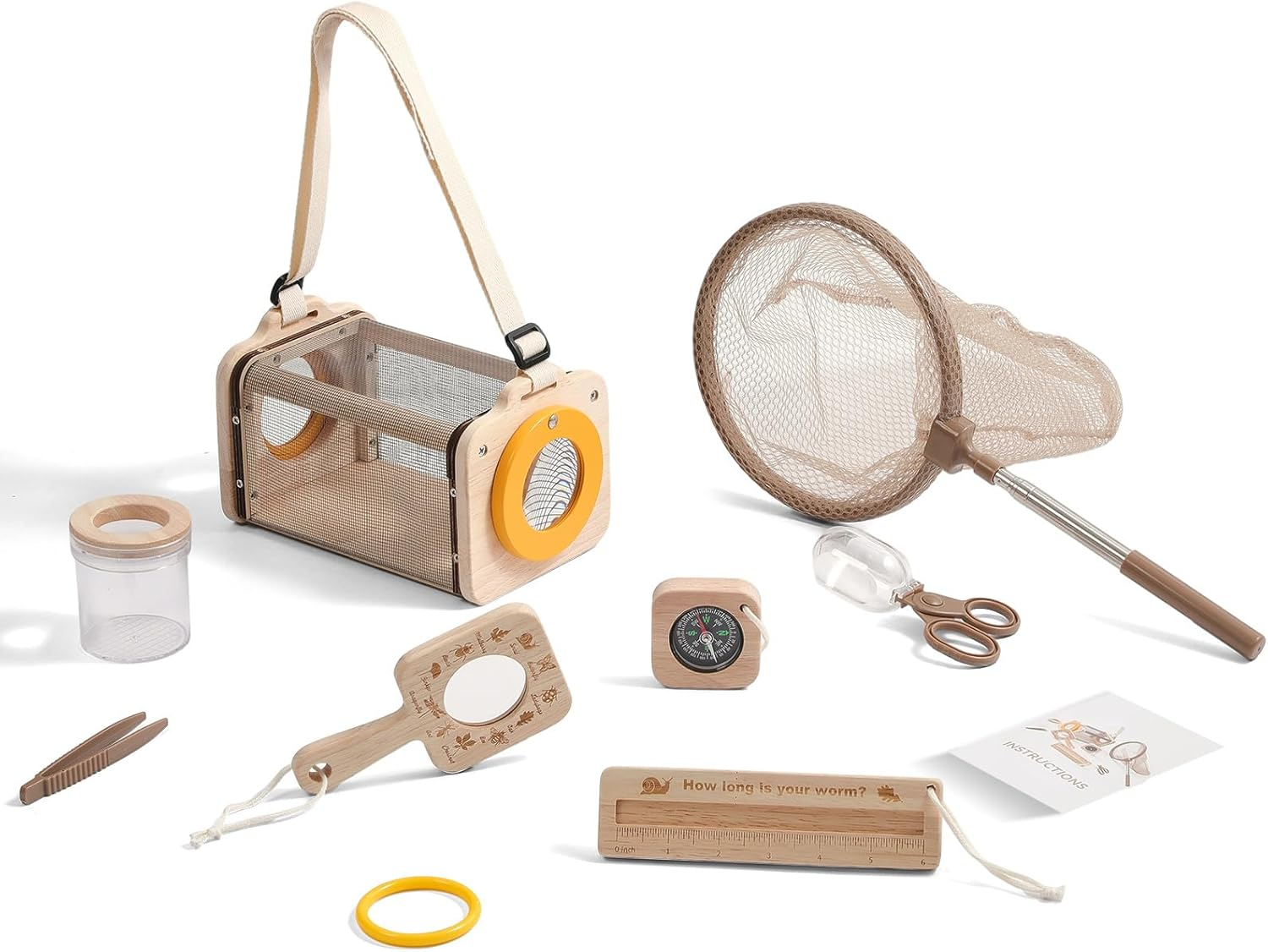 Ikubigu Bug Catcher Kit for Kids, 8-In-1 Wooden Insect Exploration Set with Butterfly Net, Magnifying Glass, Bug Habitat, Tweezers, Compass, outside Toys for Toddlers image number 2