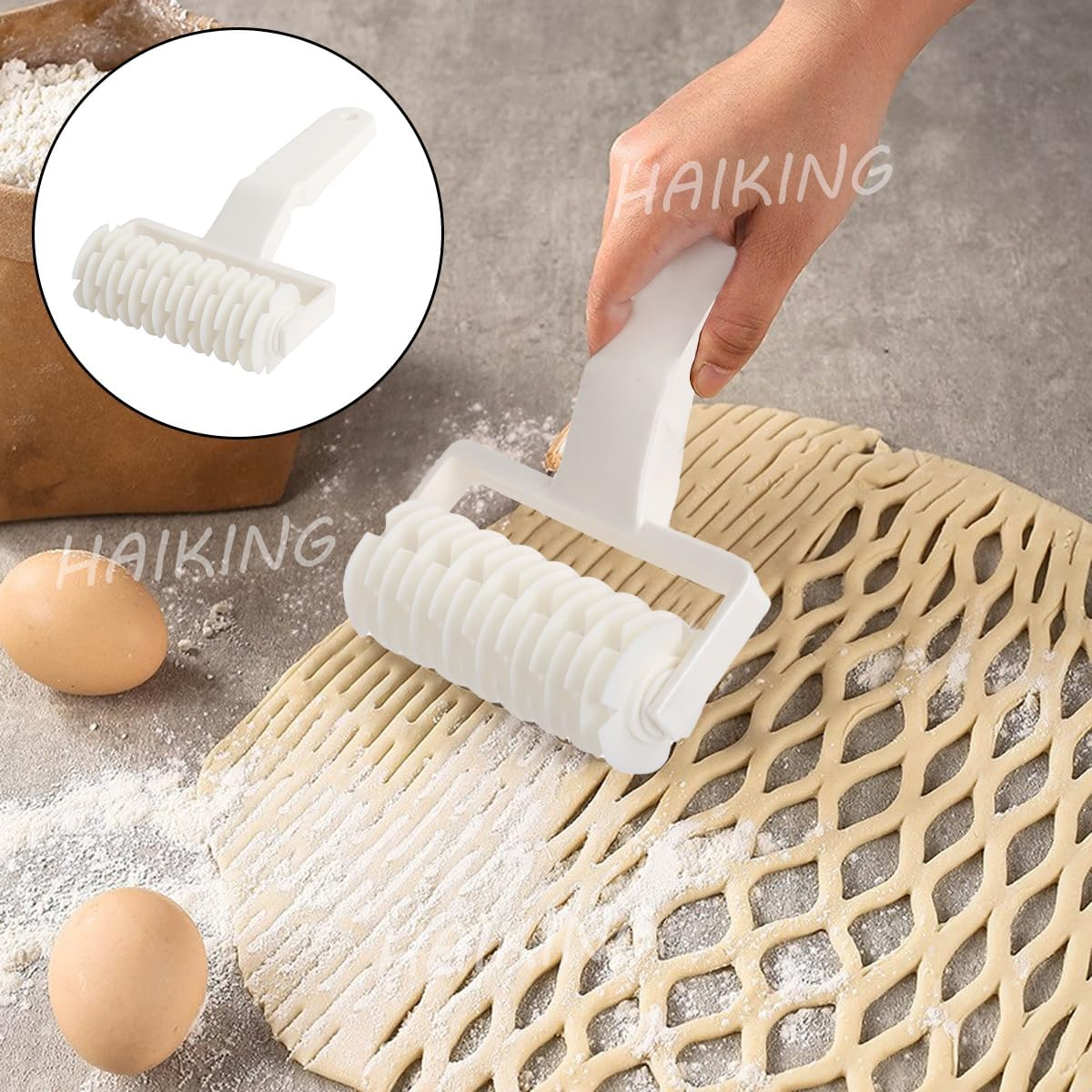 HAIKING Pizza Lattice Roller, 1 Pcs White Plastic Hobbing Kitchen Bakery Baking Tool for Cookie, Bread, Pie, Pizza (12 X 19Cm/4.72 X 7.48In) image number 4