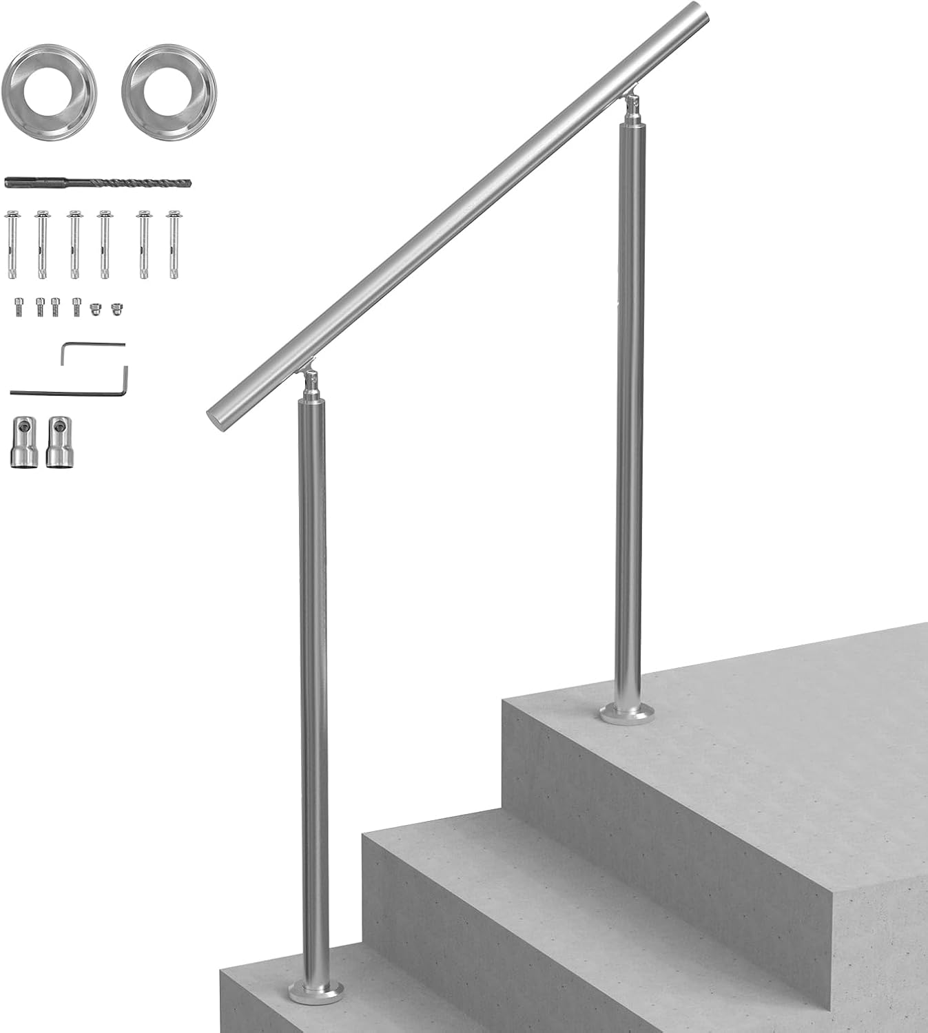 VEVOR Handrails for Outdoor Steps, 39.4In / 100Cm Length Stair Hand Rail Kit, Transitional Stainless Steel Railings with Installation Kit, Double-Column Staircase Handrails for Seniors,Porch & Deck image number 1