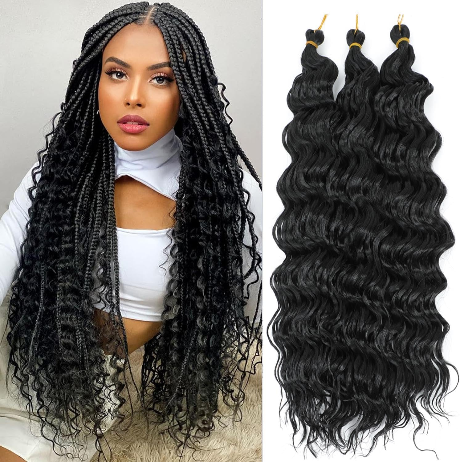 Ocean Wave Crochet Hair 18 Inch 3 Packs Deep Wave Braiding Hair Curl Crochet Synthetic Braids Hair Extension for Women (Green #, 18 Inch 3 Packs)