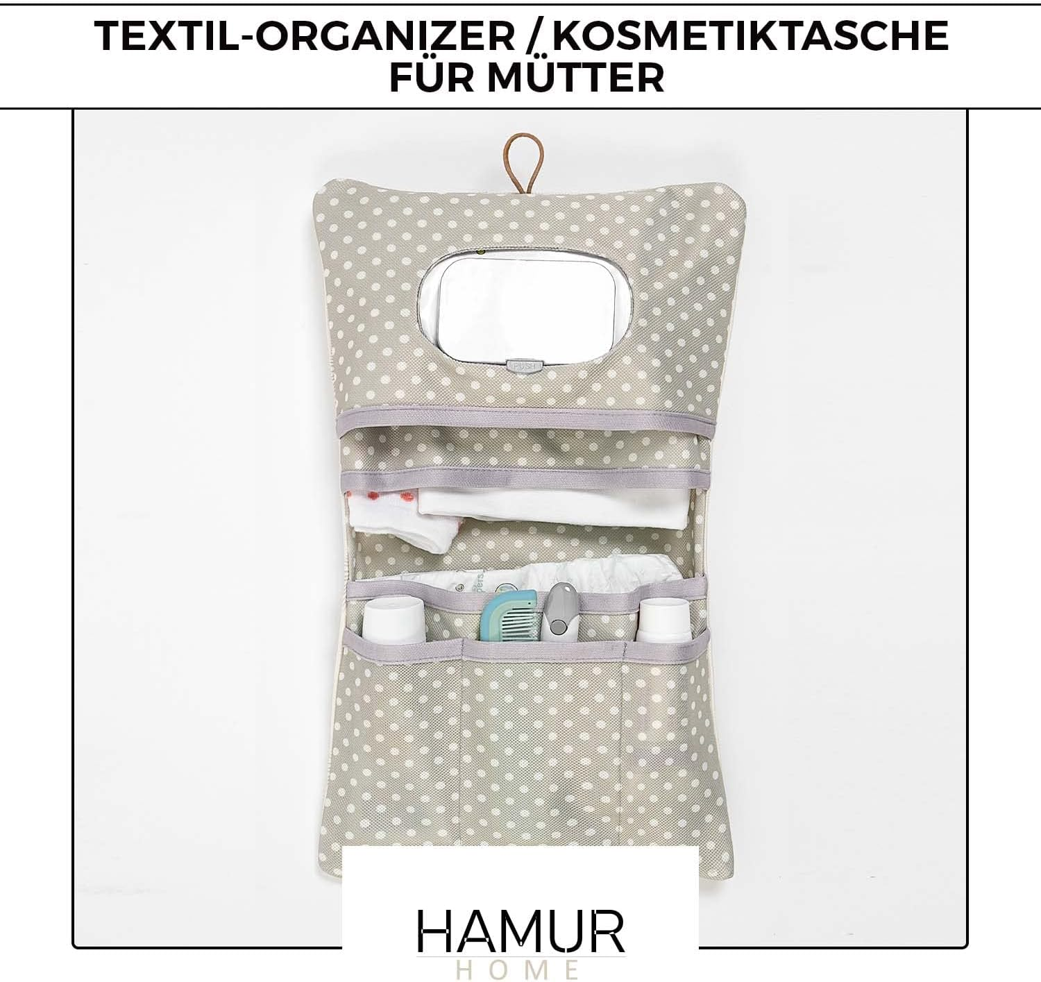 HAMUR HOME Nappy Bag Organiser and Cosmetic Bag 2-In-1 - Small Changing Bag for on the Go Mums Nappies Cream Wipes Baby Organiser, Leaves, Leaves - Grey image number 6