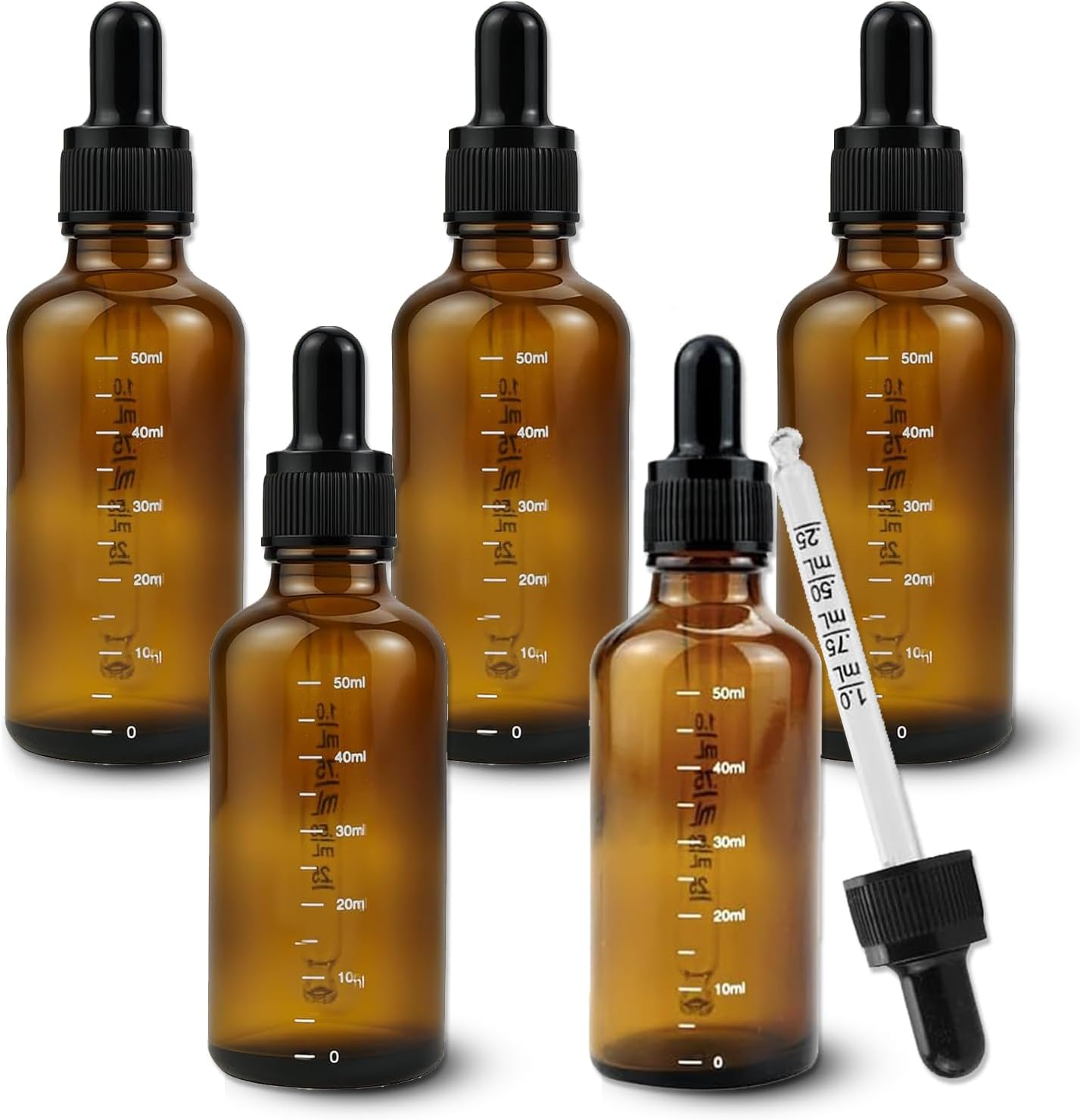 Kzvsiy 5 Pack 50 ML Glass Dropper Bottles with Graduated Scales, Leak-Proof Caps, and Precision Droppers, Uv-Protective Amber Bottles for Essential Oils, DIY Perfume, and Travel Liquid Storage image number 6