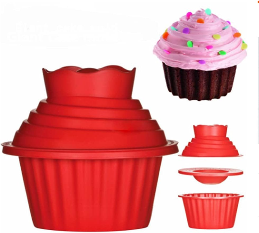 Giant Cupcake Molds,Dishwasher Safe Big Top Silicone Cupcake Molds,Non-Stick Jumbo Caupcake Bake Sets for Easy Cake Decorating and DIY Bake Tools(3 Pack) (Red)