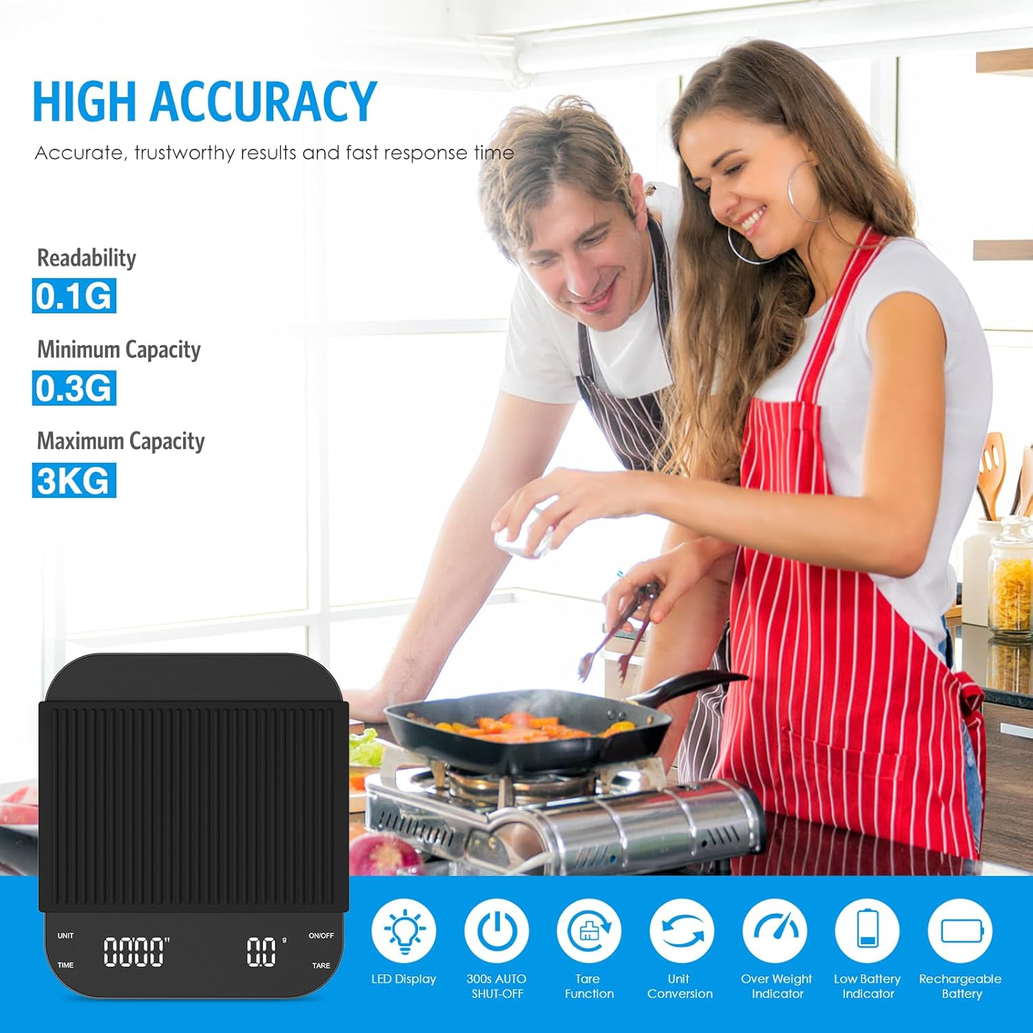 Brifit 3Kg Digital Coffee Scales with Timer, Rechargeable Espresso Coffee Scale, LED Display Espresso Scale with Tare Function, Temperature Resistant, 0.1G Precision, Auto Shut Off, Units Conversion image number 5