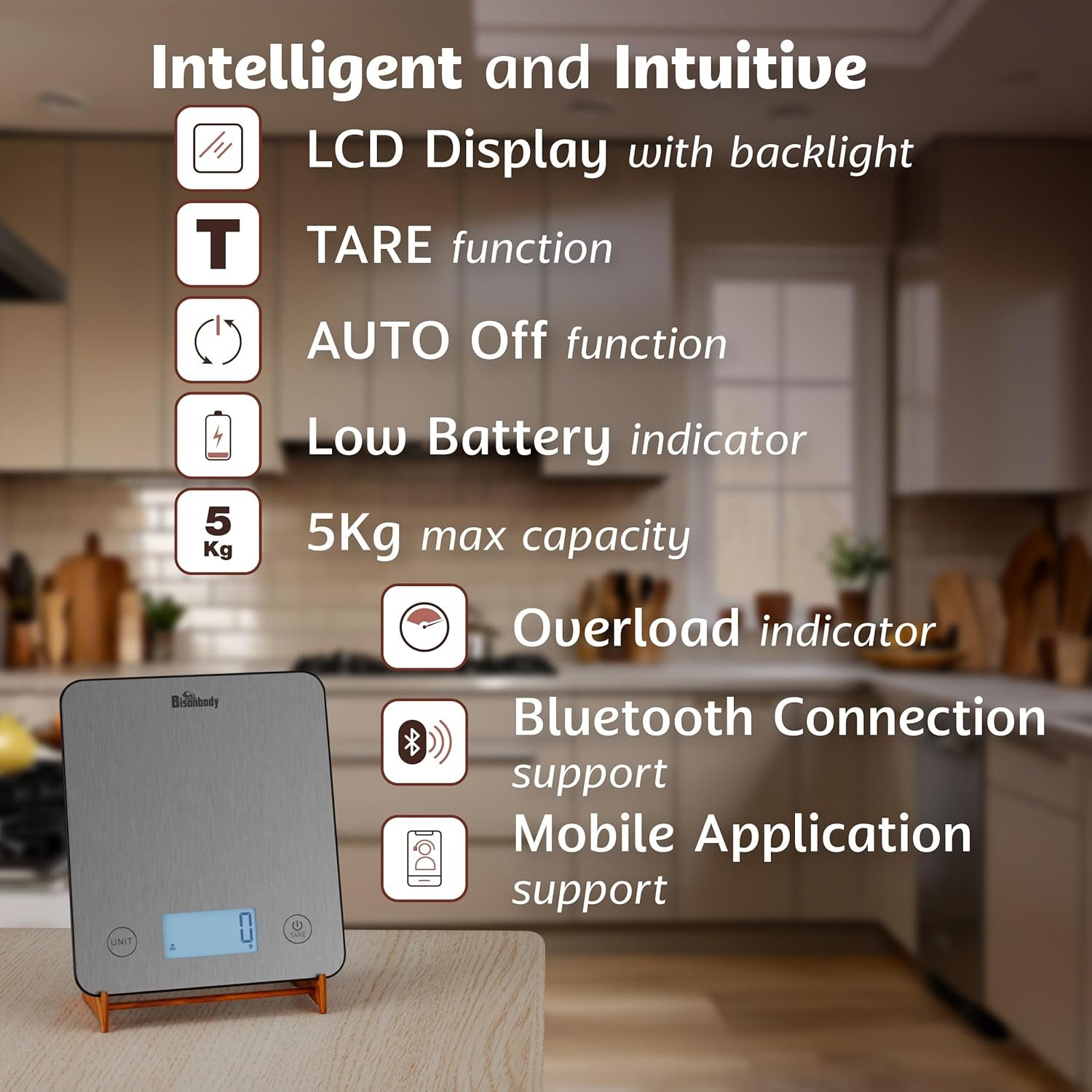 Smart Food Scale, Digital Kitchen Scale with App &ndash; Nutritional Calculator for Calories, Macros, Protein, 5 Units, LCD Display, Tare Function, Portion Control, for Cooking & Meal Prep
