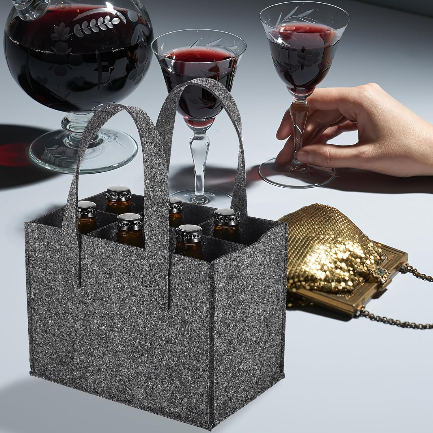 TOPPERFUN Felt Bottle Carrier Wine Handbag 6-Bottle Tote Bag 24X16X16Cm Thick Felt Material Portable Wine Storage Carrier for Travel Picnic Camping 4Pcs image number 3