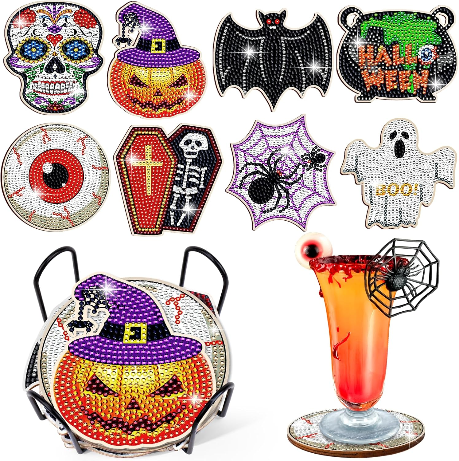 8 Pcs Halloween Diamond Art Kits for Adults, Skull Crafts Coasters and Accessories