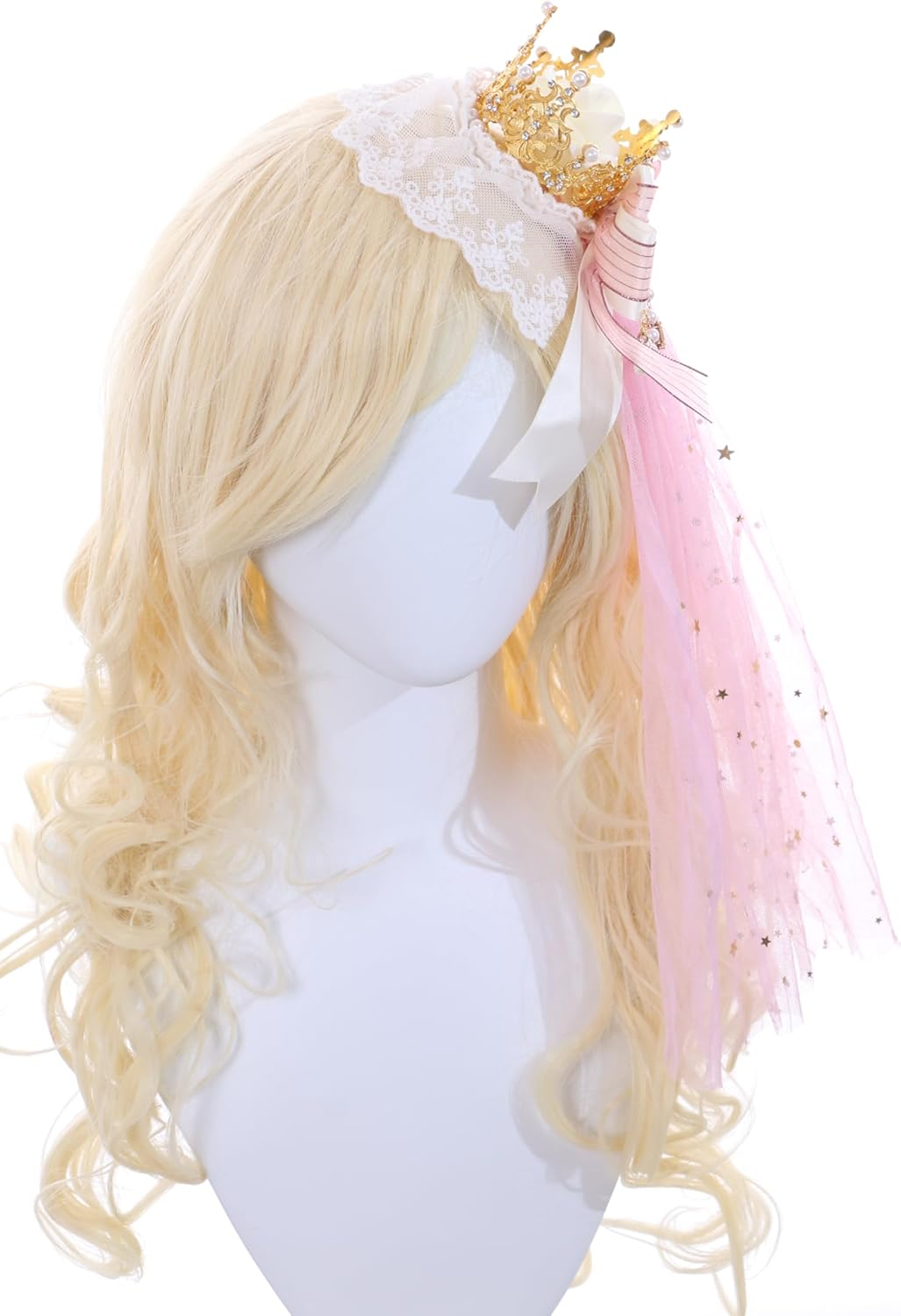C-105-2 Pink Veil Gold Crown Rose Bow Lace Ruffle Gothic Lolita Party Celebration Hair Accessories Head Accessory