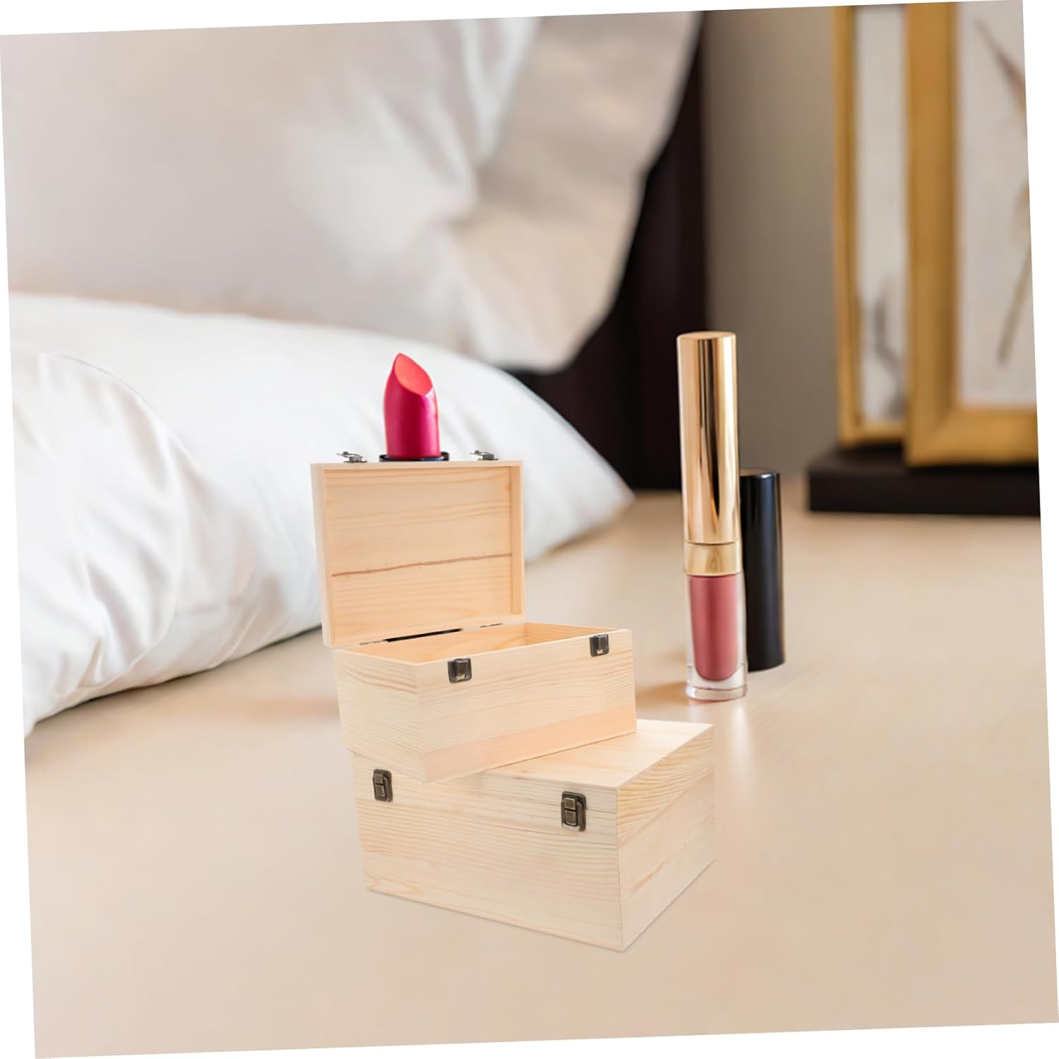 2Pcs Unfinished Wooden Box: Wooden Treasure Chest with Hinged Lid Blank Pine Keepsake Storage for DIY Projects Jewelry Keepsakes Decorations image number 6