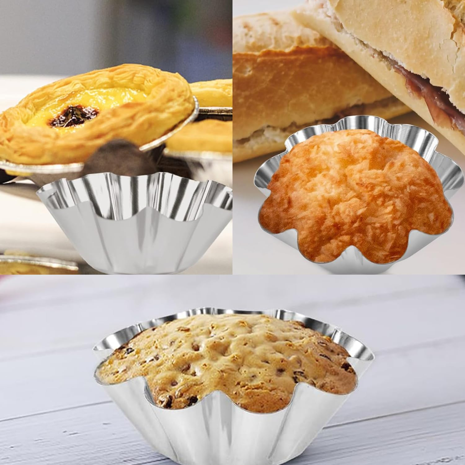 Lyfengdeam 12 Pcs Egg Tart - Aluminum Lined Mould Tin Baking Tool Cupcake Cake Cookie Molds Baking Cups Stainless Steel Tart Pans Mini Tart Mold Aluminum Molds for Baking Cookie (Bigger) image number 3