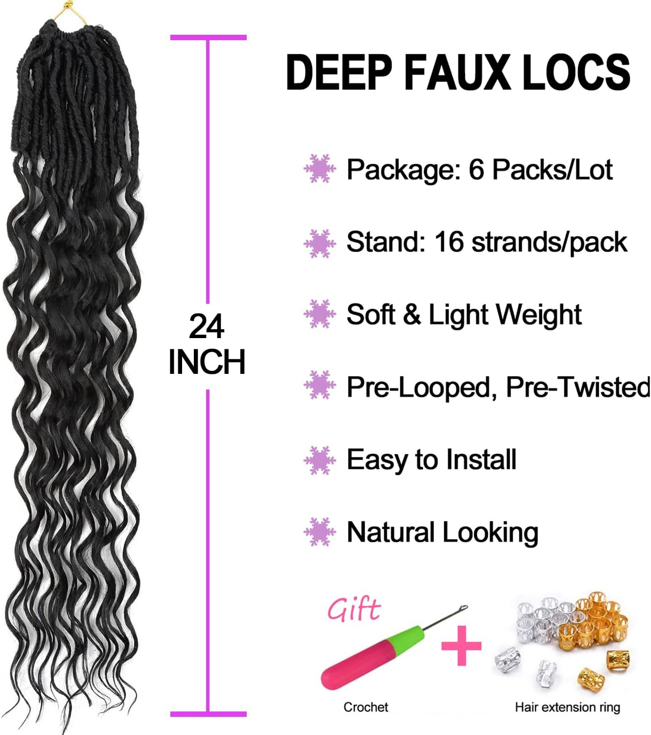 Crochet Braids Twist Hair Goddess Faux Locs Curly Ends Dreadlocks Braids Synthetic 6 Packs 50.8 Cm Hair Extensions High Temperature for Black Women (Deep-1B) image number 4