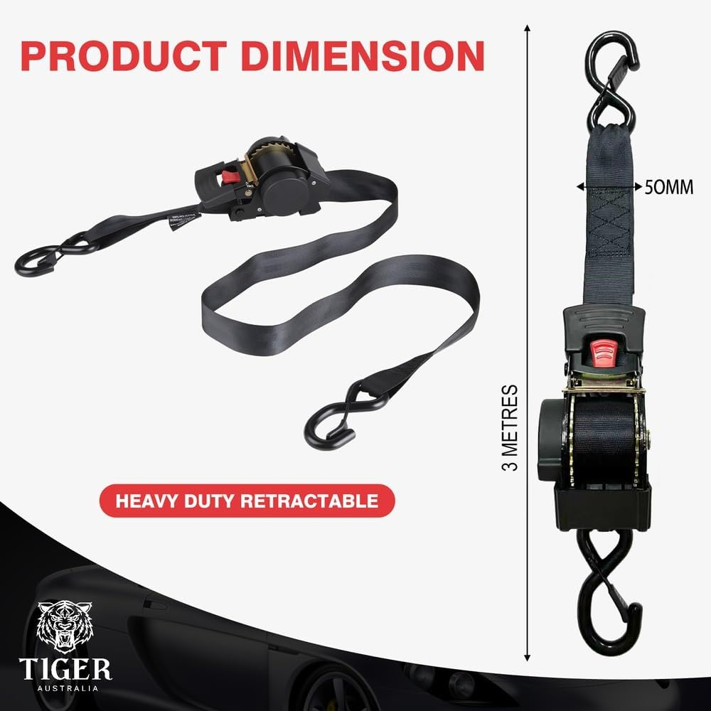Tiger Australia Heavy Duty 50Mm X 3M Auto Retractable Ratchet Tie down Straps 2-Pack, 2000KG Heavy Duty, Upgraded to Stainless Steel Spring, S-Hooks & Storage Bag, for Trailers, Utes, Boats & Moving image number 6
