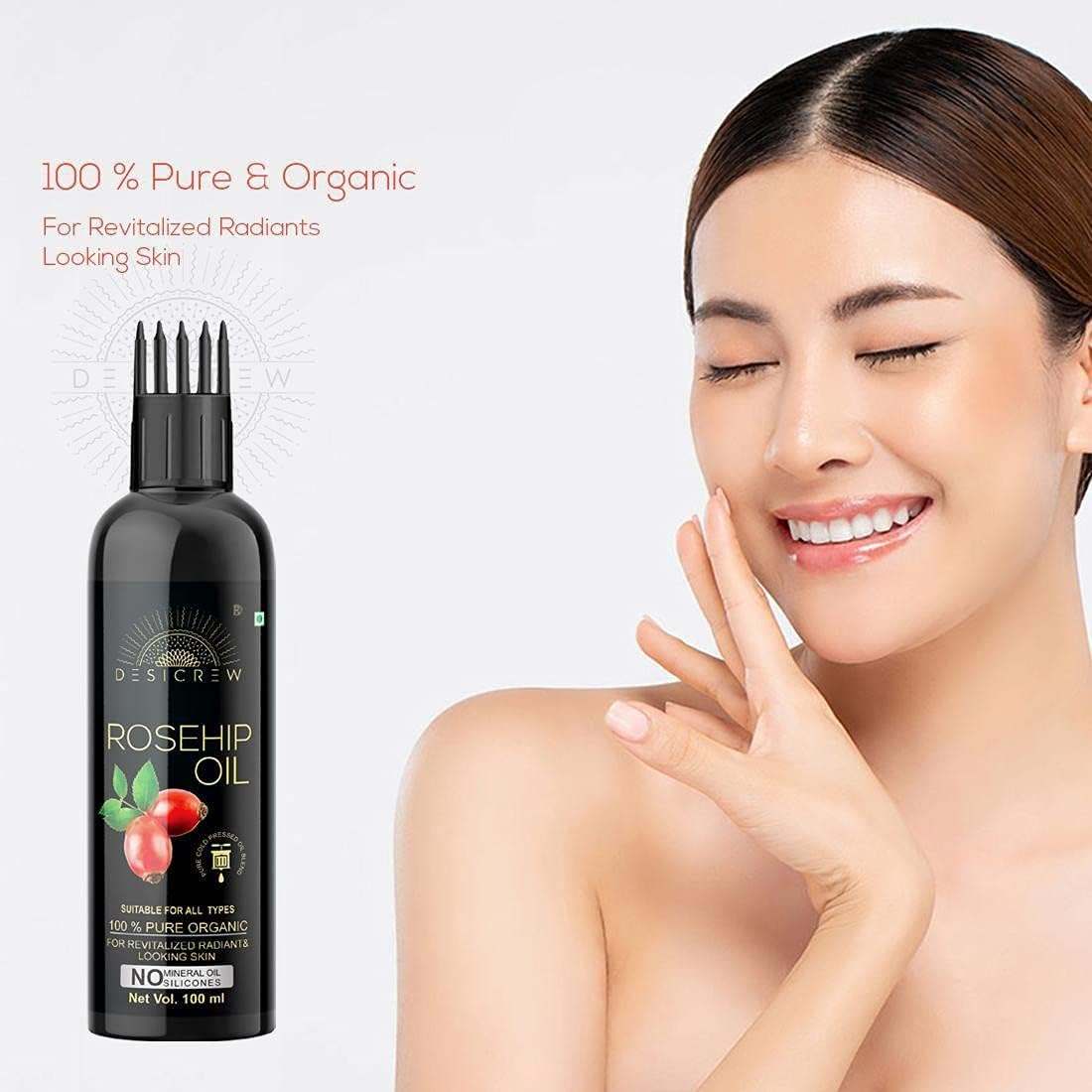 Desicrew Rosehip Oil - with COMB APPLICATOR - Cold Pressed - for Face, Nails, Hair and Skin 100Ml Pack of 3 Bottle 300Ml Hair Oil (300 Ml) image number 3