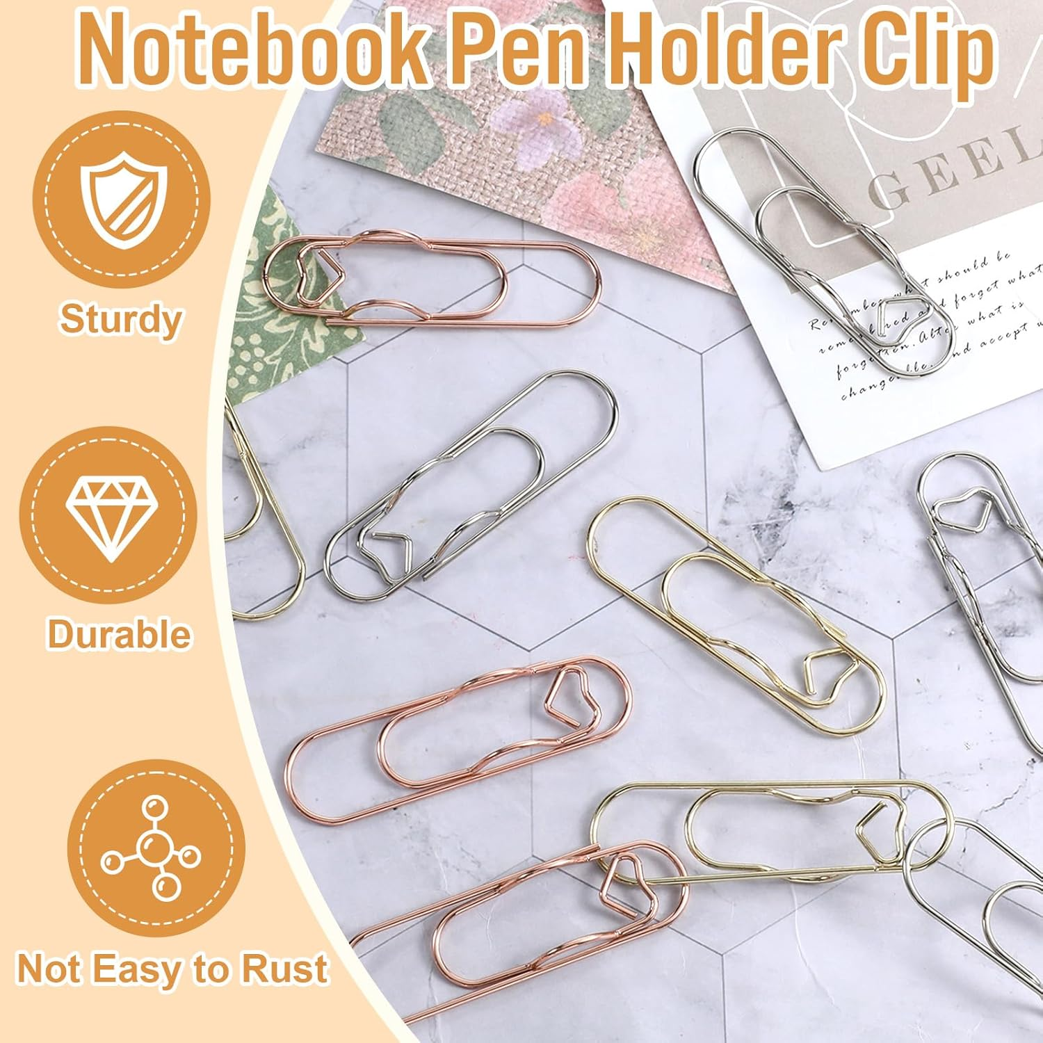 IANFAN 12 Pcs Metal Pen Clips for Notebook, 2.8 Inch Paper Clip Pen Holder for Notebooks Papers Planner Jumbo Office Supplies, Gold/Red/Silver Heart Shape image number 4
