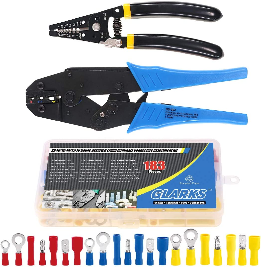 Glarks Professional Self-Adjustable Ratchet Wire Crimping Pliers AWG 22-10 and a Wire Stripper Tool Set with 183 Pieces Insulated Crimp Terminals Connectors Assortment Kit