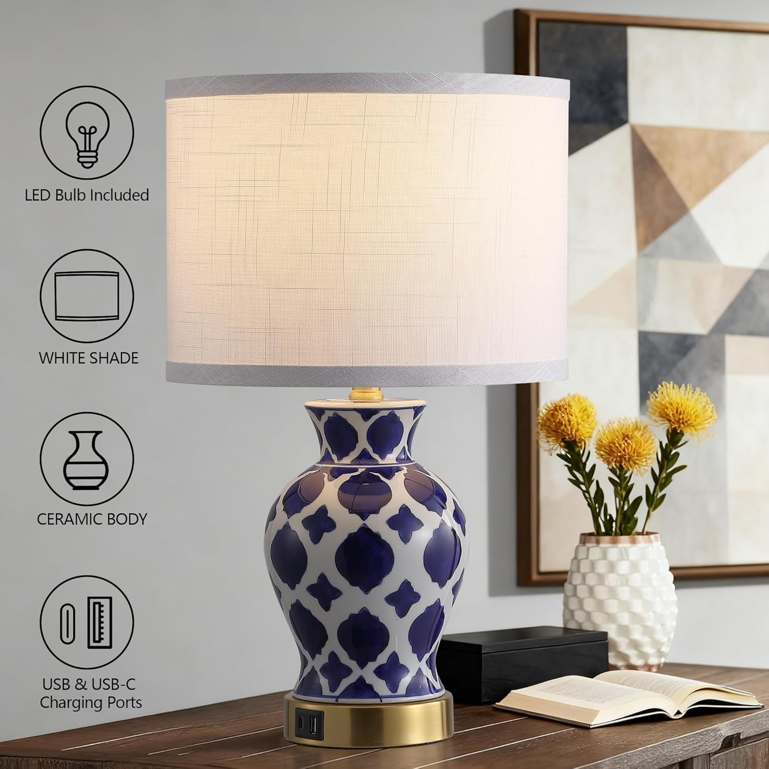 Bedside Table Lamp with USB Ports 2 Pack, 3 Way Dimmable Night Light with Fabric Shade Lampshade, Modern Ceramic Touch Lamp for Bedroom Decor for Living Room Home Office Study, White image number 2