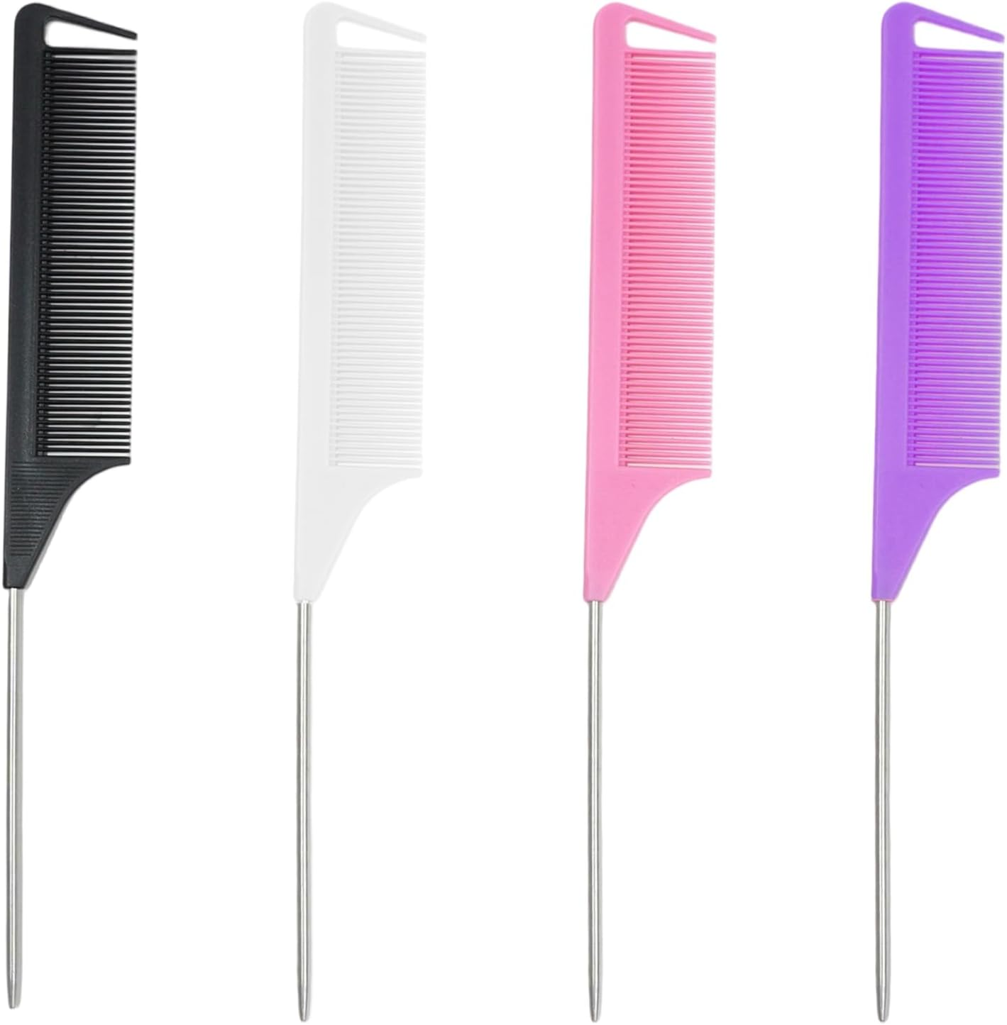 4 Pcs Rat Tail Combs Set, Professional Hair Styling Combs with Fine-Tooth Design and Stainless Steel Pointed Tail for Parting, Braiding, Highlighting and Teasing (Black, Pink, Purple, White)