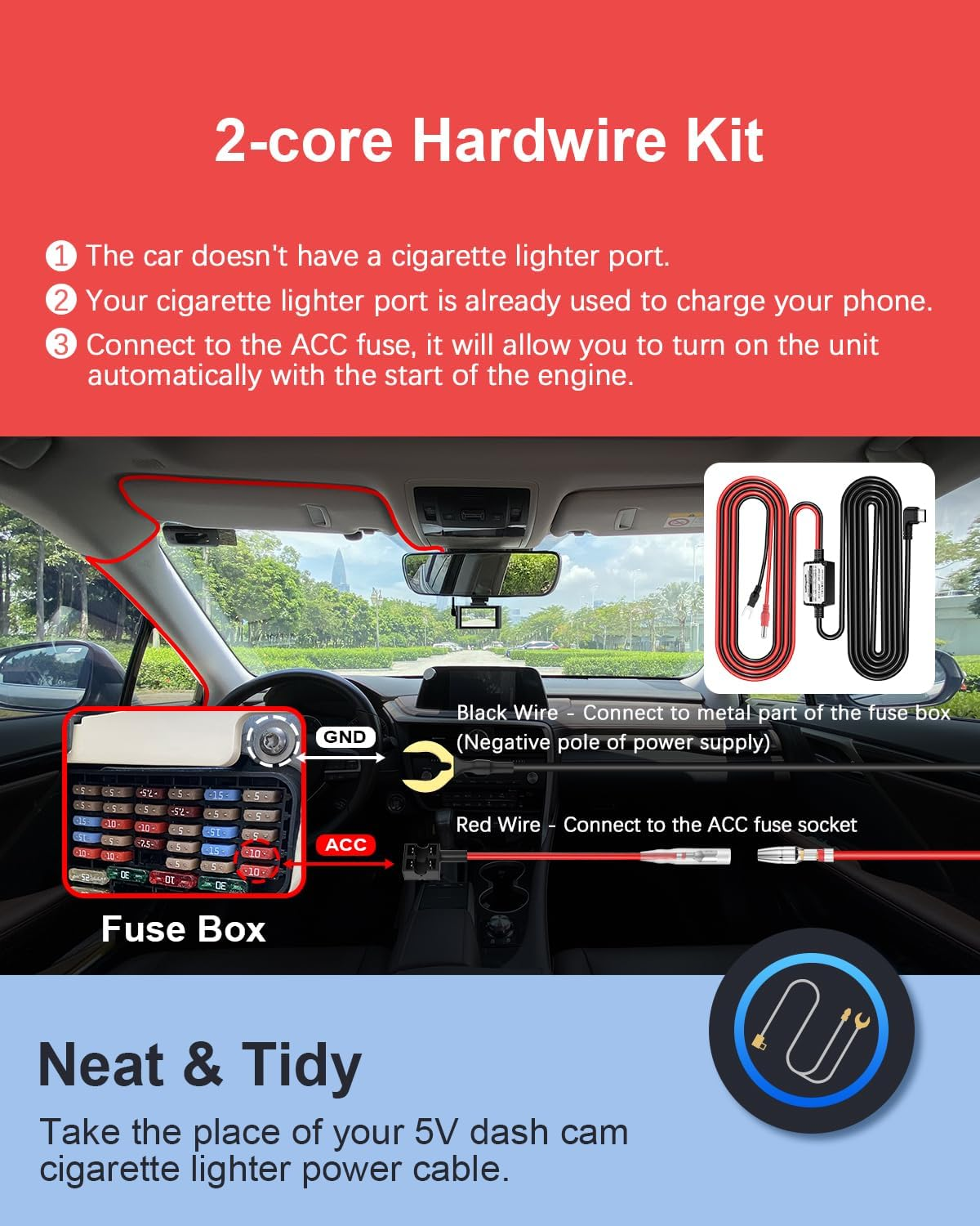 Dash Cam Hardwire Kit, USB-C Port 4M Hard Wiring Kit for Car Cam Car Charger Power Cord 12V/24V to 5V 2.5A Charger Cable with 4 Power Adapters 3 Fuses for Dashcam GPS Etc