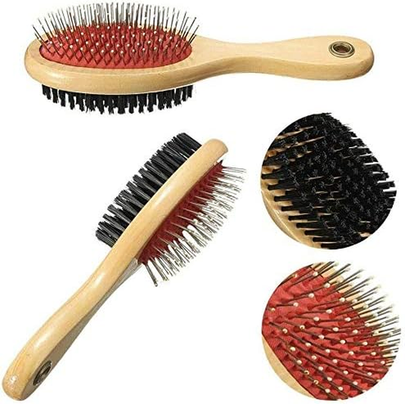 Wooden Double Sided Dog Brush - Pet Hair Grooming Tool with Pin and Soft Bristles for Dogs & Cats with Long or Short Hair - Red image number 3
