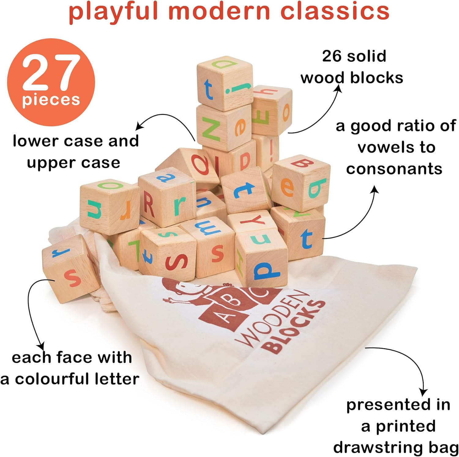 Mentari Toys - Alphabet Spelling Blocks - Wooden Block Letters Come with Drawstring Bag for Easy Storage - Age 3+ Year Old image number 6