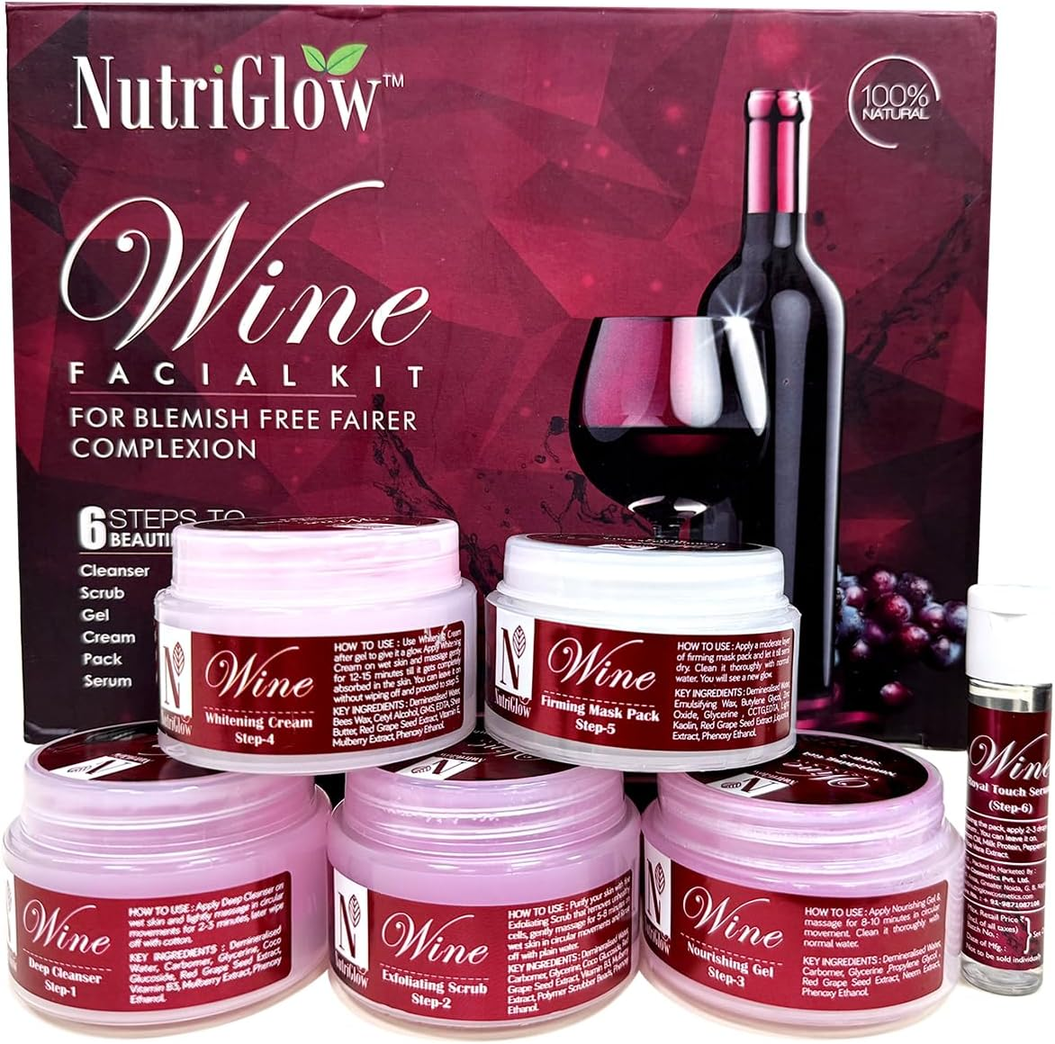 Nutriglow Wine Facial Kit 6-Pieces Skin Care Set with Deep Cleanser, Exfoliating Scrub, Nourishing Gel, Whitening Cream, Mask Pack and Face Serum for anti Aging Skin Care Kit for Women(250Gm+10Ml)