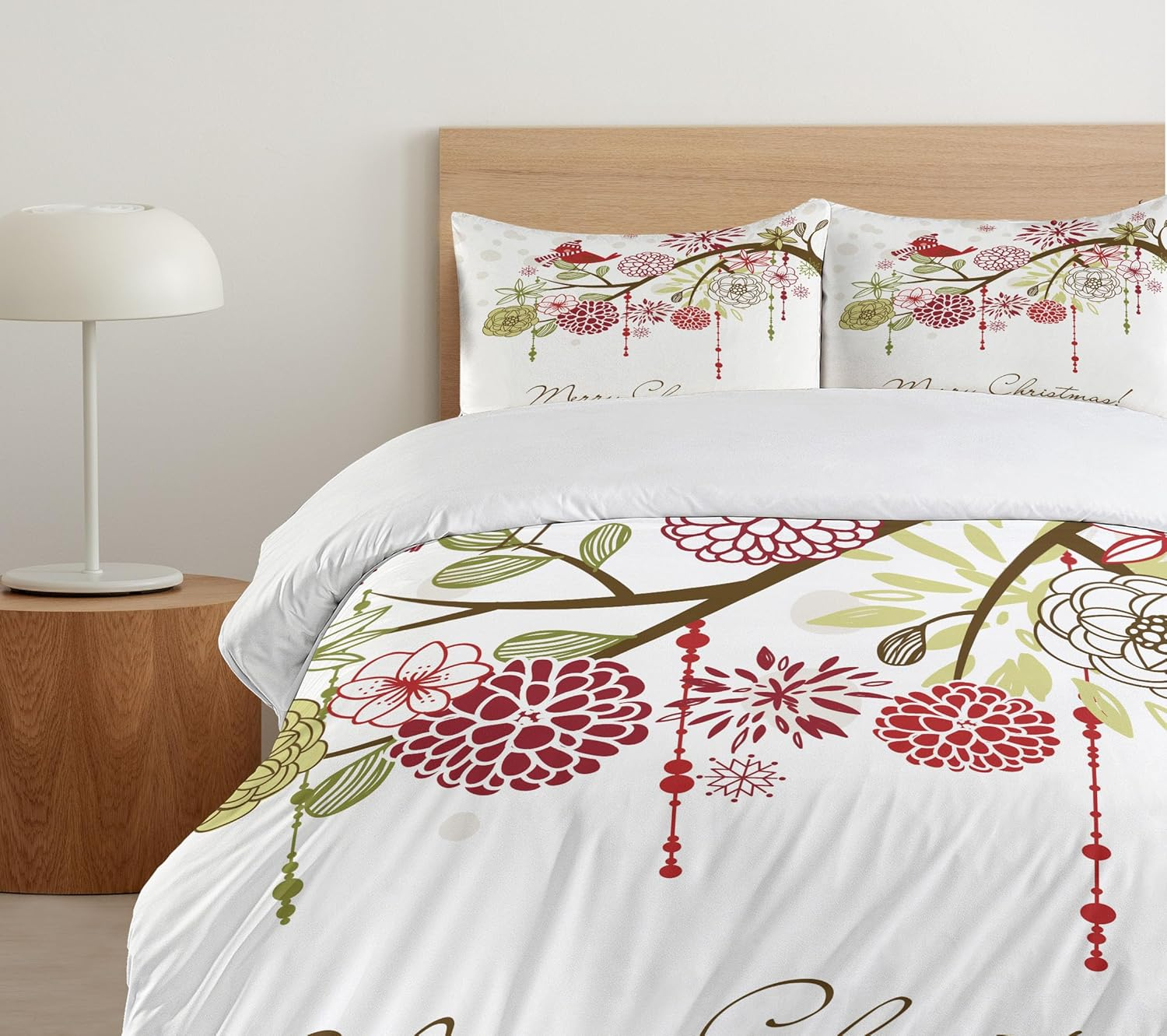 Ambesonne Christmas Duvet Cover Set Queen Size, Sacred Floral Winter Red Bird Hat and Scarf on Blooming Tree Nature Inspired, Decorative 3 Piece Bedding Set with 2 Pillow Shams, Green White image number 4