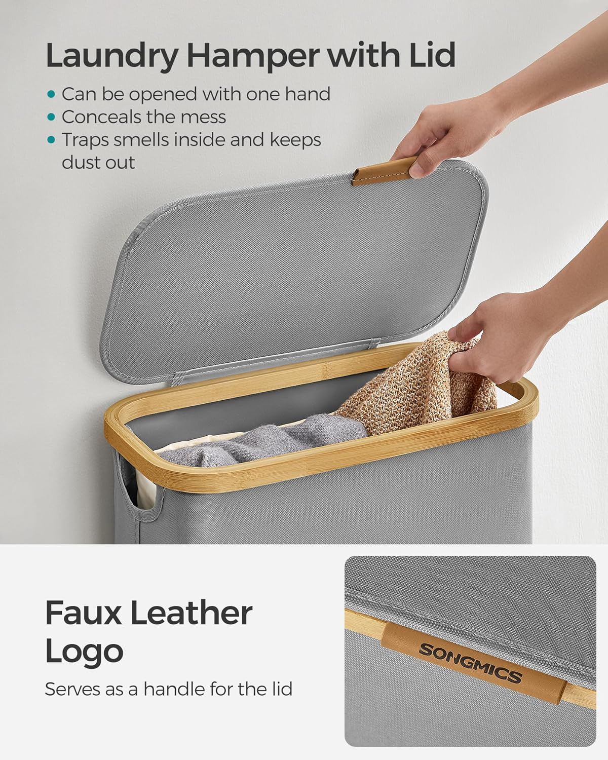 SONGMICS Laundry Hamper with Lid, Slim Laundry Basket, 17.2 Gallons (65L), Space-Saving, Removable Mesh Liner, Bamboo Handles, Collapsible, 16.5 X 8.9 X 27.8 Inches, Dove Gray ULCB506G01 image number 6