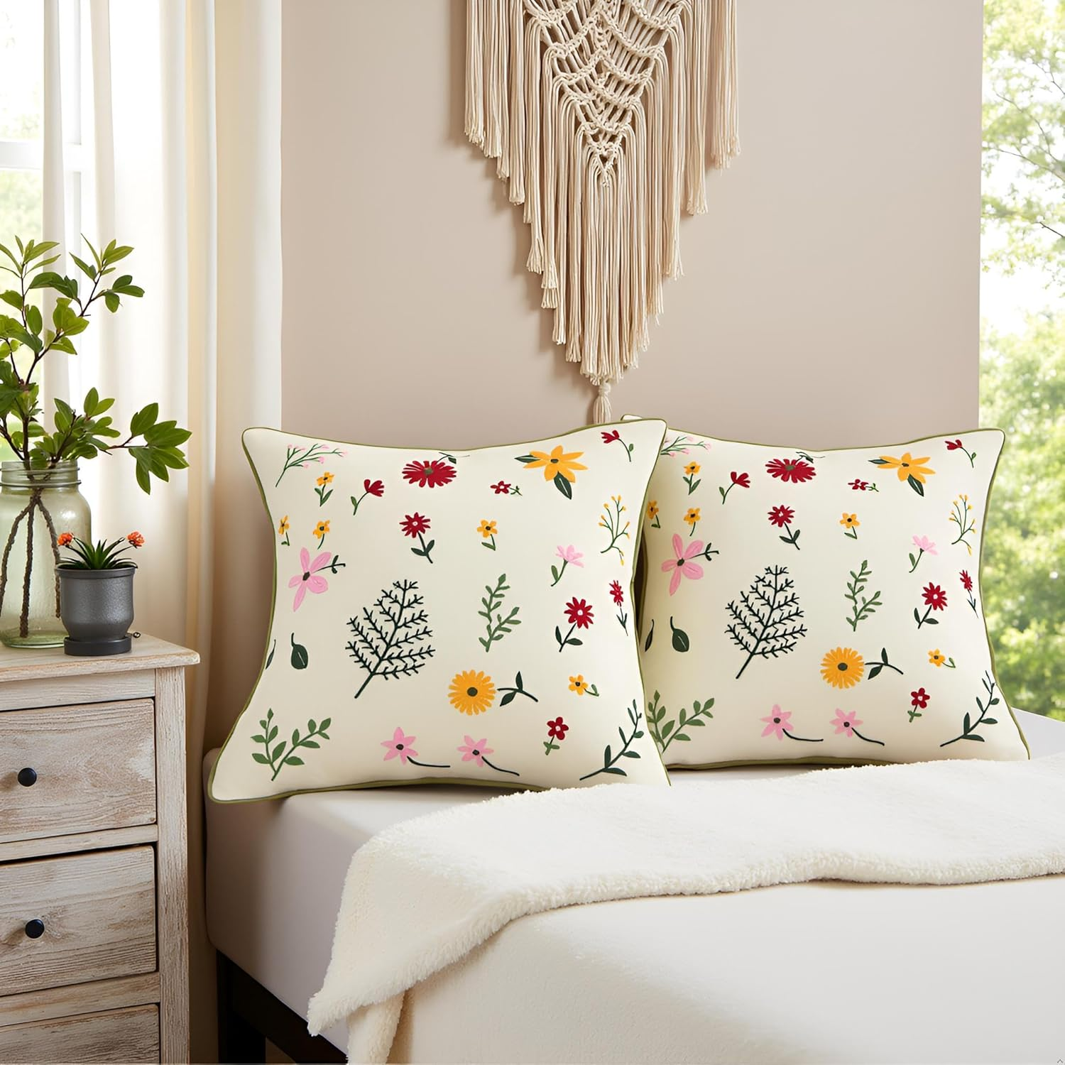 Tosleo Decorative Pillowcases 18 X 18 Inch Pack of 2 Embroidered Throw Pillow Covers Farmhouse Pillow Cushion Cases Home Decor Square Floral Pillow Case (All-Season Flower) image number 5